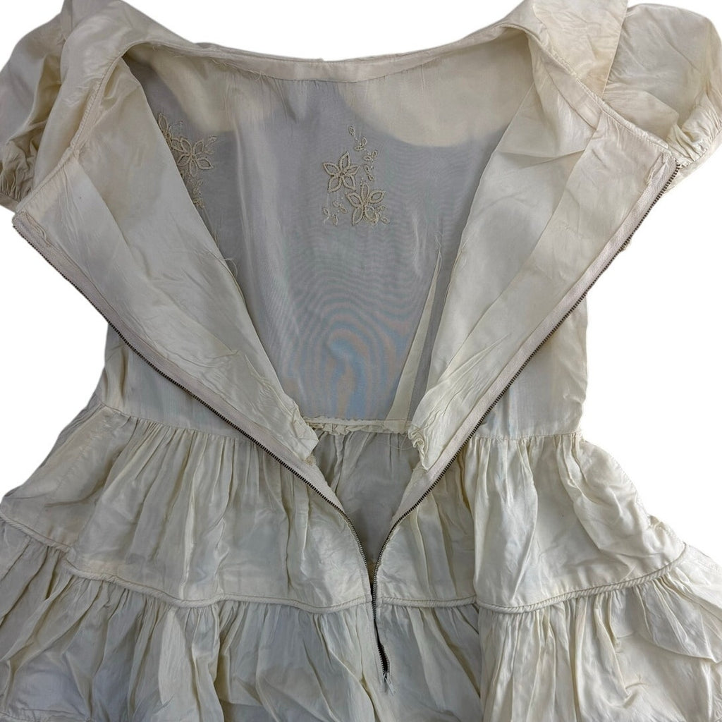 Vintage 60s Ivory Satin Wedding Flower Girl Dress & Slip Home Sewn Girls 12-14