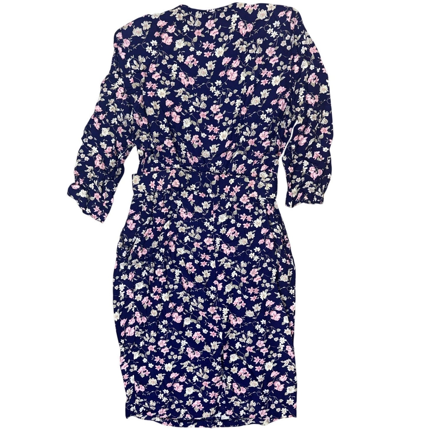 Vintage 80s SL Petites Floral Rayon Belted Dress Navy Size 12 Midi