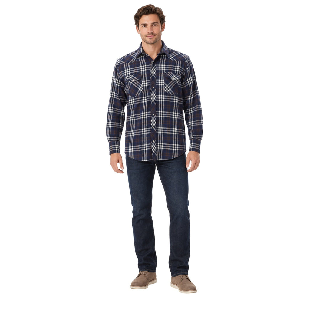 Vintage 90s Wrangler Men’s Navy Plaid Cotton Flannel Pearl Snap Western Shirt L