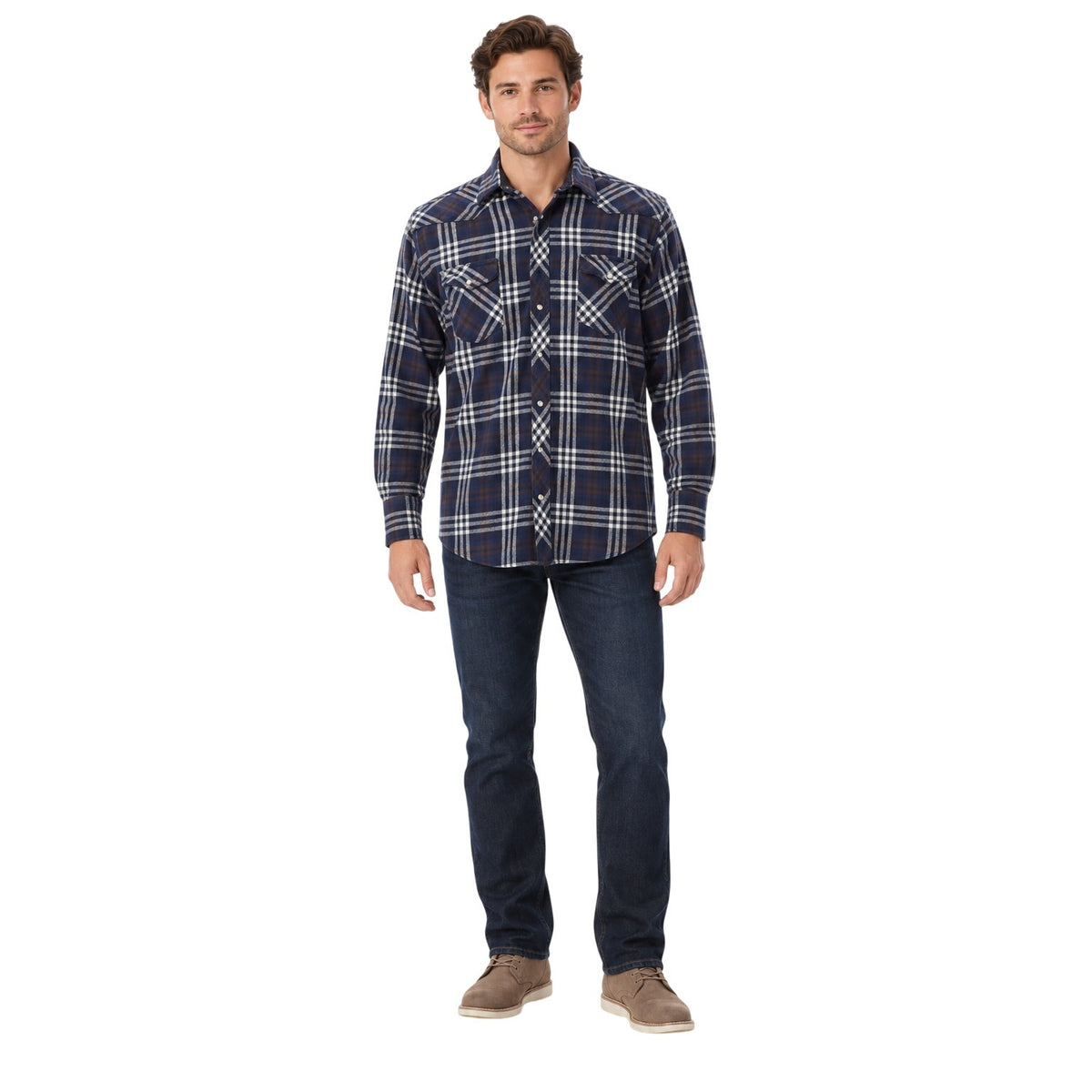 Vintage 90s Wrangler Men’s Navy Plaid Cotton Flannel Pearl Snap Western Shirt L
