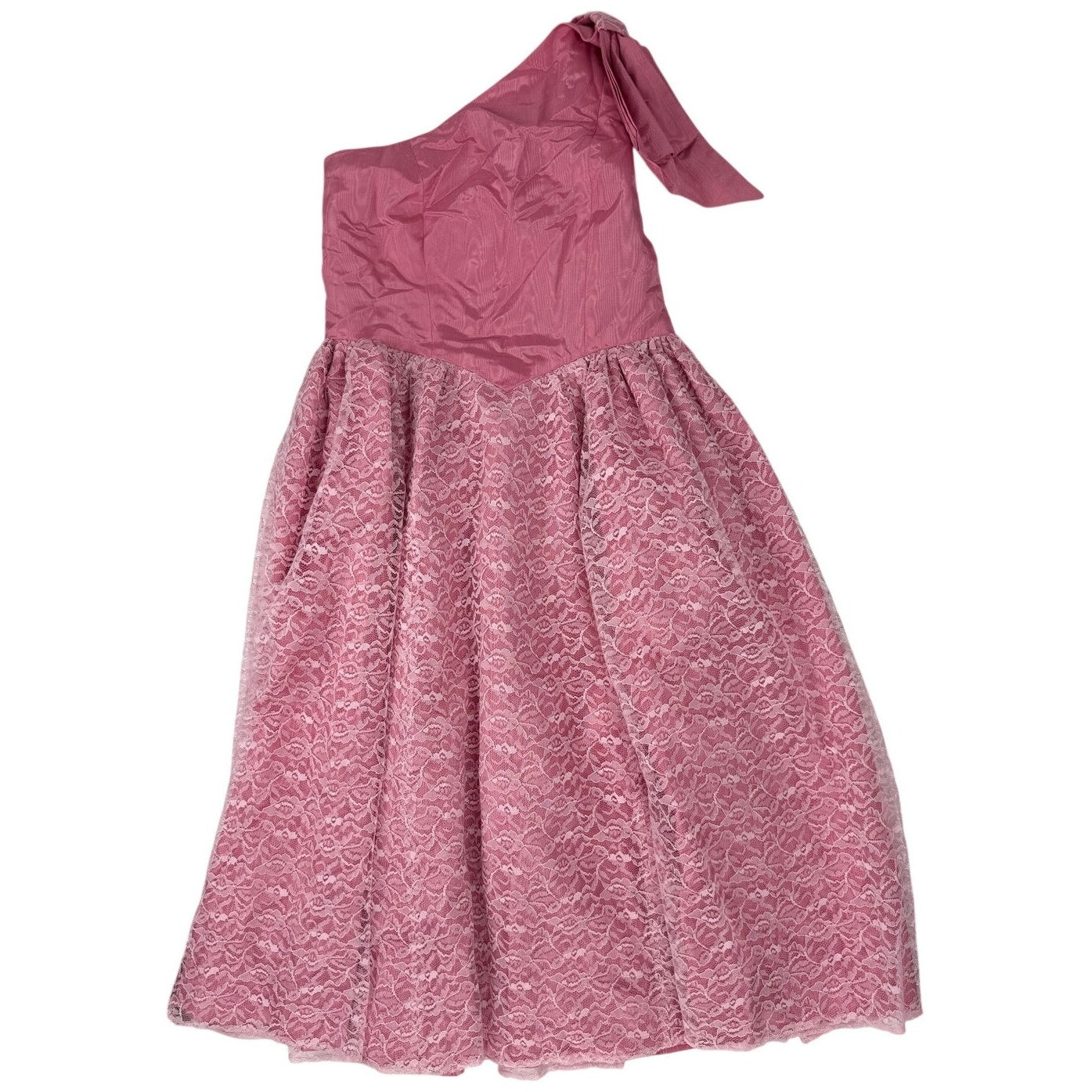 Vintage 1980s Mauve Lace One Shoulder Bow Formal Midi Dress Women's Small