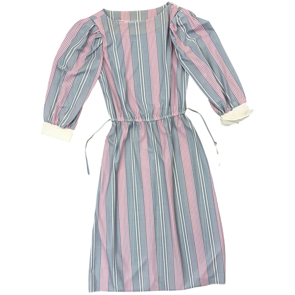 Vintage 80s Women's 11/12 Belted Midi Dress JCPenney Pink Blue Stripes