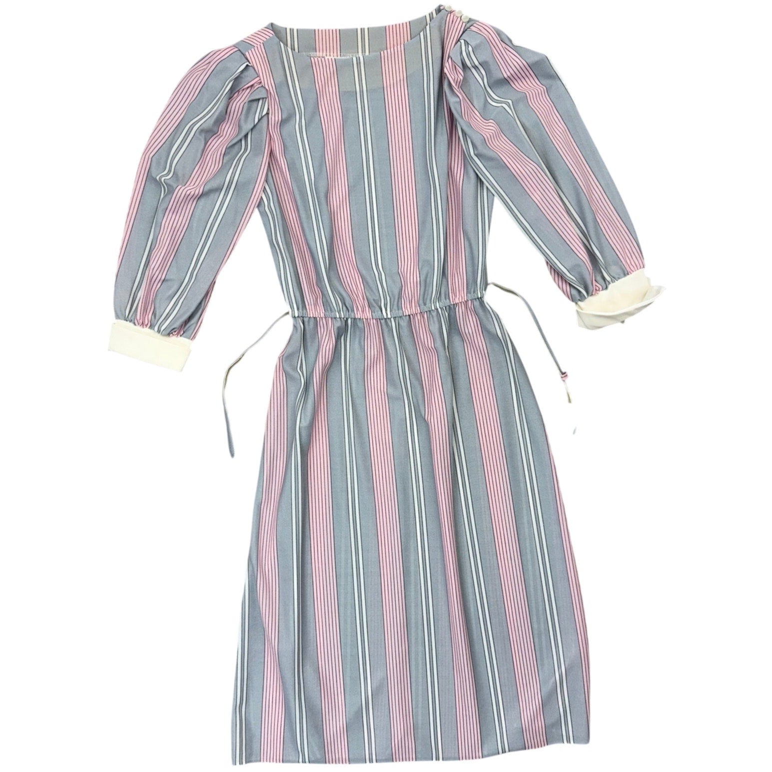 Vintage 80s Women's 11/12 Belted Midi Dress JCPenney Pink Blue Stripes