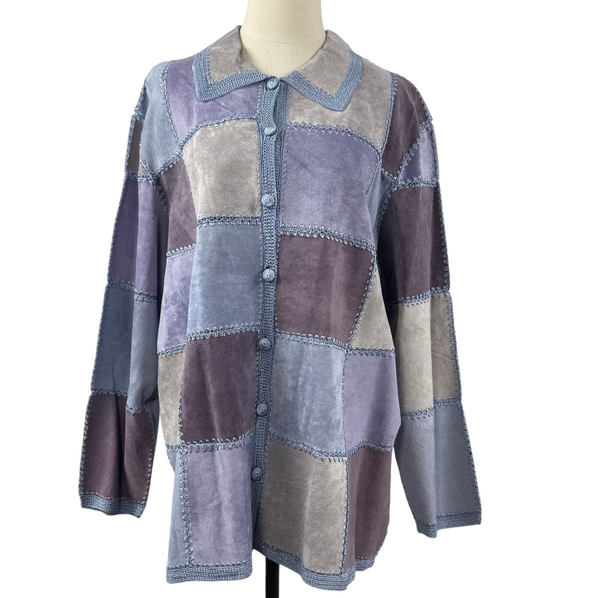 Vintage 90s Denim & Co Purple Patchwork Suede Leather Crochet Jacket Women's 2X