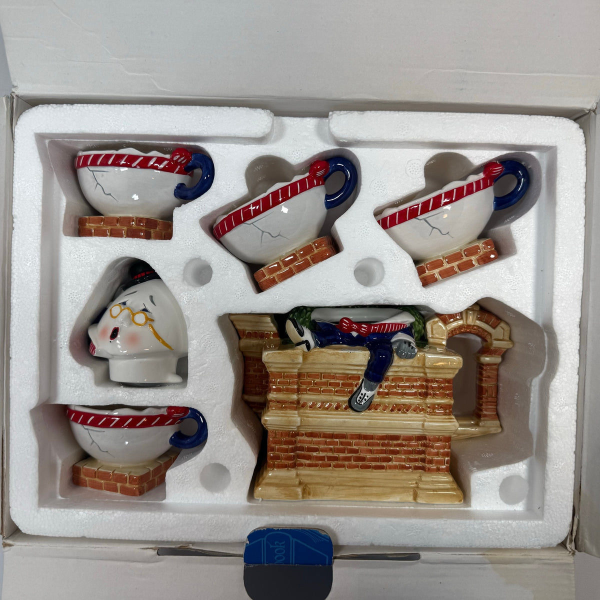 Vintage 90s Tea Set Humpty Dumpty Teapot & 4 Cups Set w/ Box Hand Painted