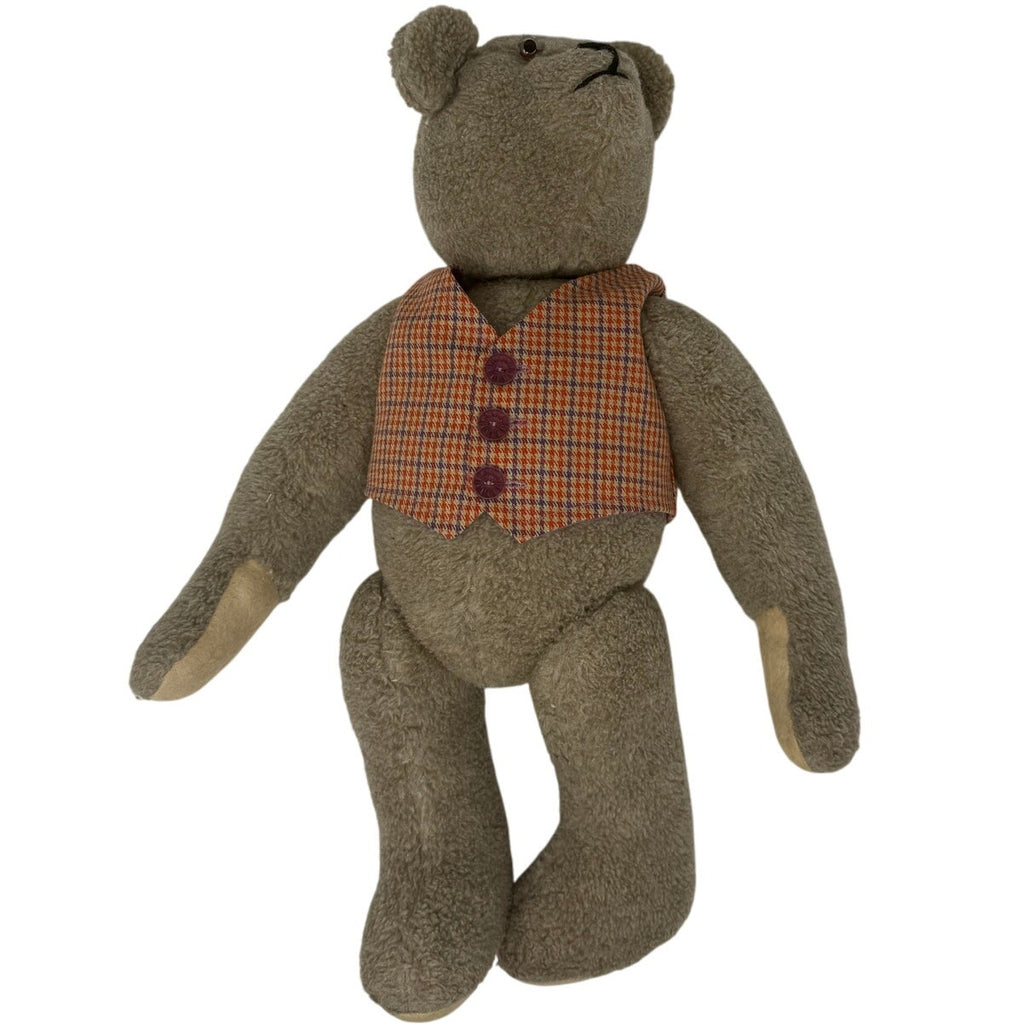 Vintage 70s Teddy Bear Plush 18” Jointed Plaid Vest Collectible Stuffed Bear
