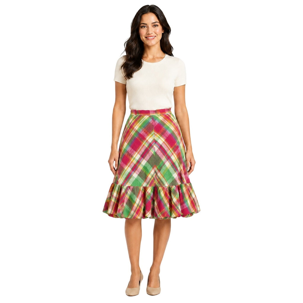Vintage 1970s Handmade Pink Green Plaid Chevron Ruffle Midi Skirt 28"