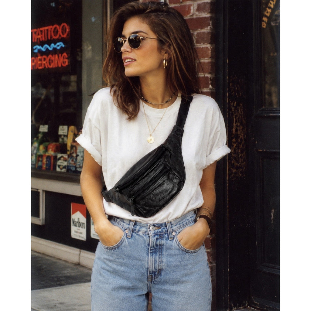 Vintage 90s Black Genuine Leather Fanny Pack Waist Belt Bag 2 Zip Pockets