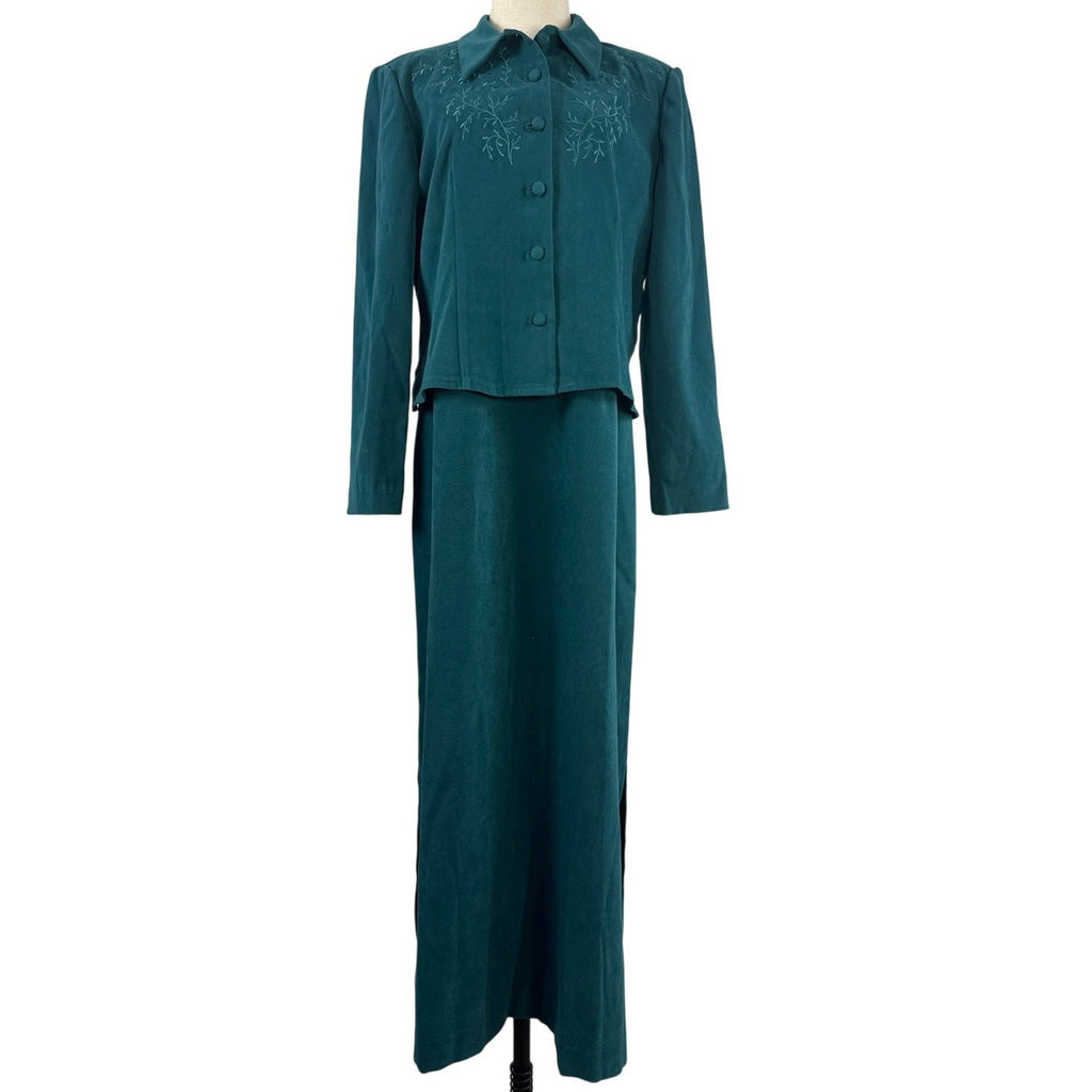 Vintage 90s Karin Stevens Teal Faux Suede Dress Jacket Set Size 14 Women's Large