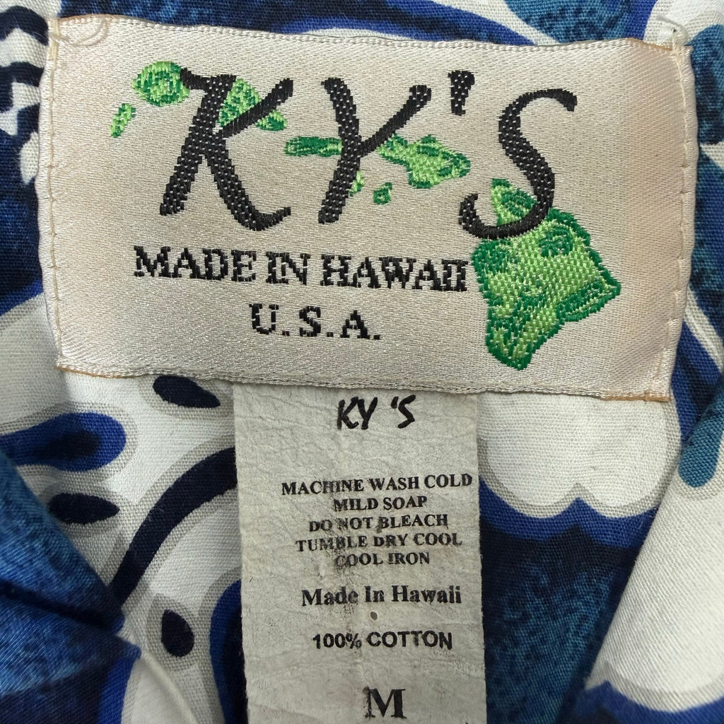 Vintage 80s Men's Medium KY’s Hawaiian Shirt Blue Floral Cotton
