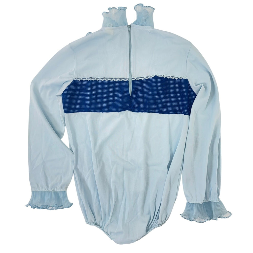 Vintage 70s Baronet Baby Blue Pleated Trim Long Sleeve Bodysuit Women Medium