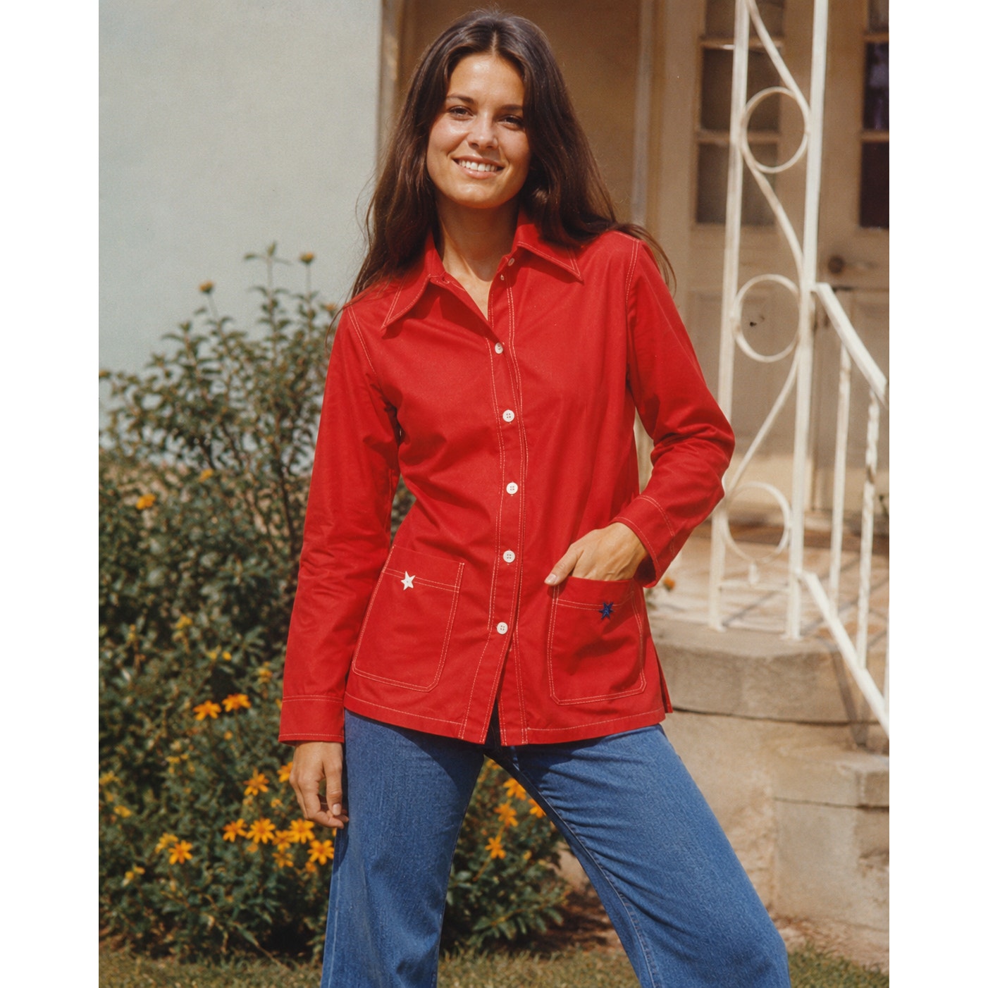 Vintage 70s Sears Red Smock Shirt Jacket Star Buttons Women's 42 Bust