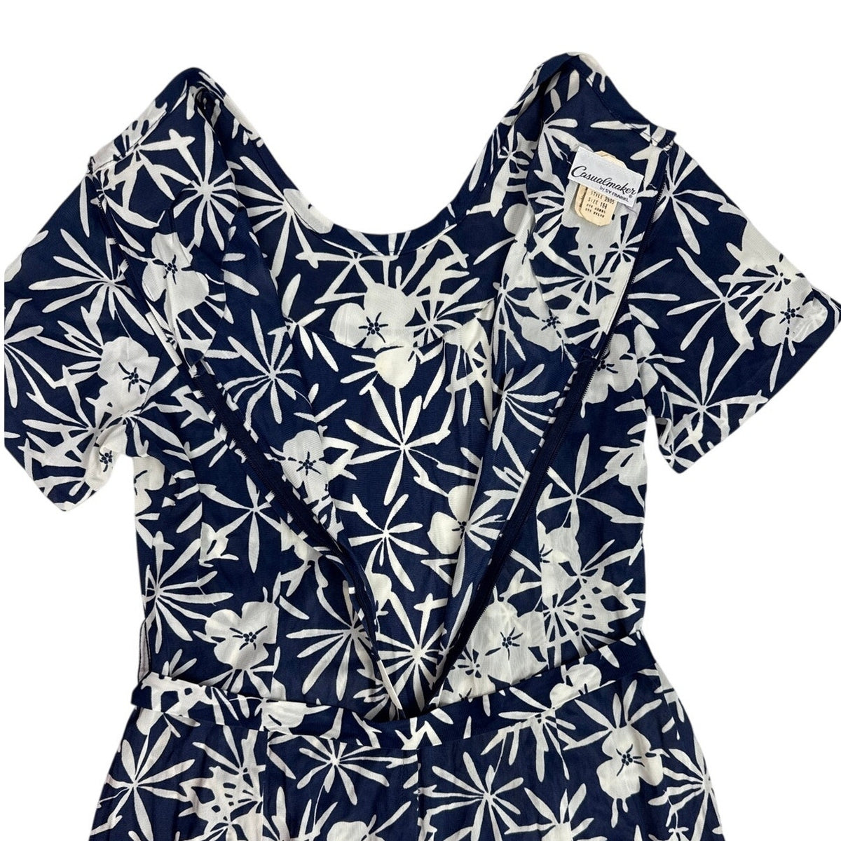 Vintage 70s Casualmaker Navy White Floral Knit Belted Dress Modern M/L