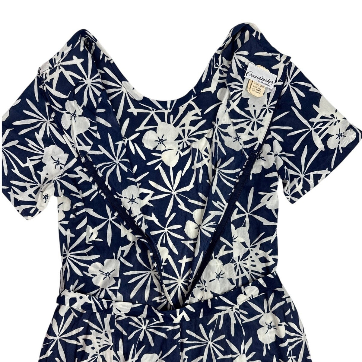 Vintage 70s Casualmaker Navy White Floral Knit Belted Dress Modern M/L