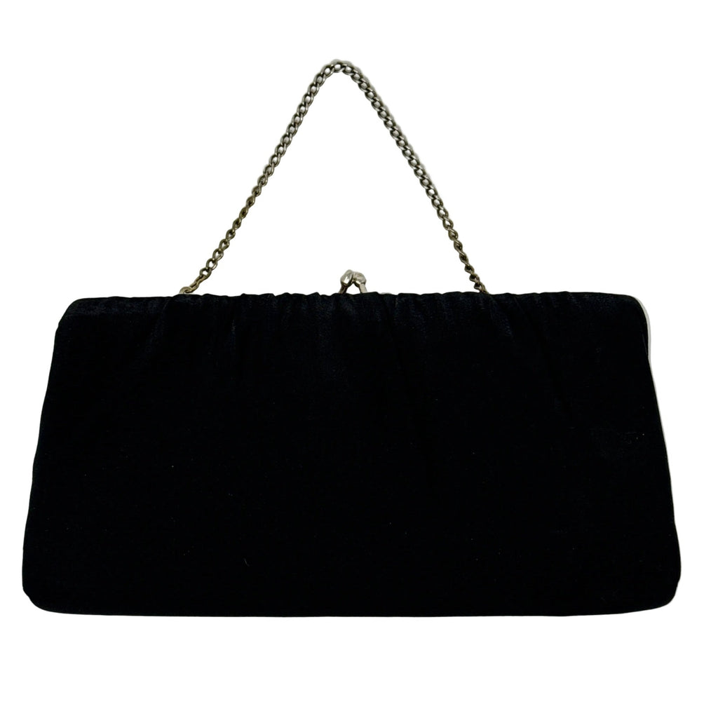 Vintage 60s Black Crepe Clutch Purse Chain Strap Frame Bag