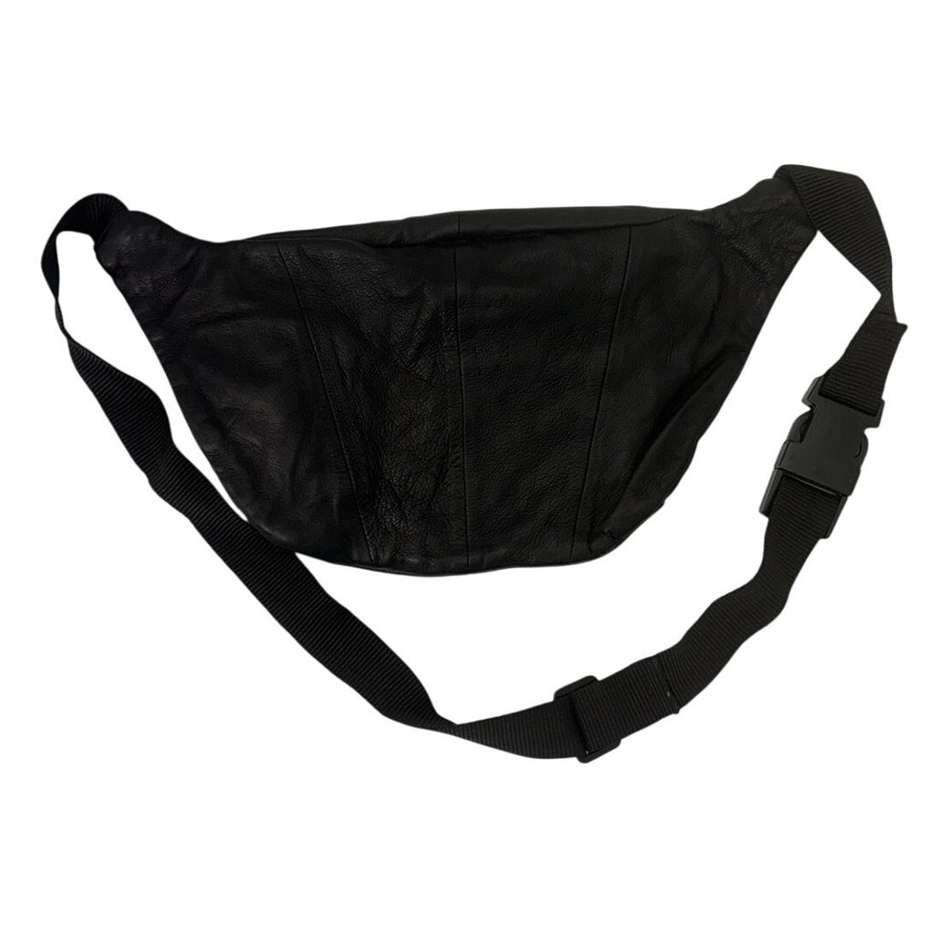 Vintage 90s Black Genuine Leather Fanny Pack Waist Belt Bag 2 Zip Pockets