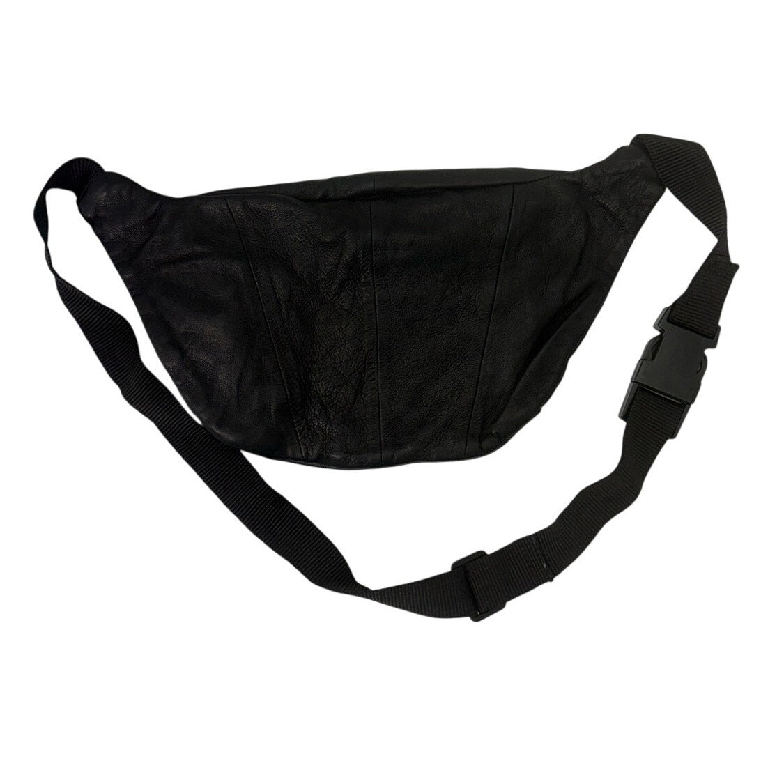 Vintage 90s Black Genuine Leather Fanny Pack Waist Belt Bag 2 Zip Pockets