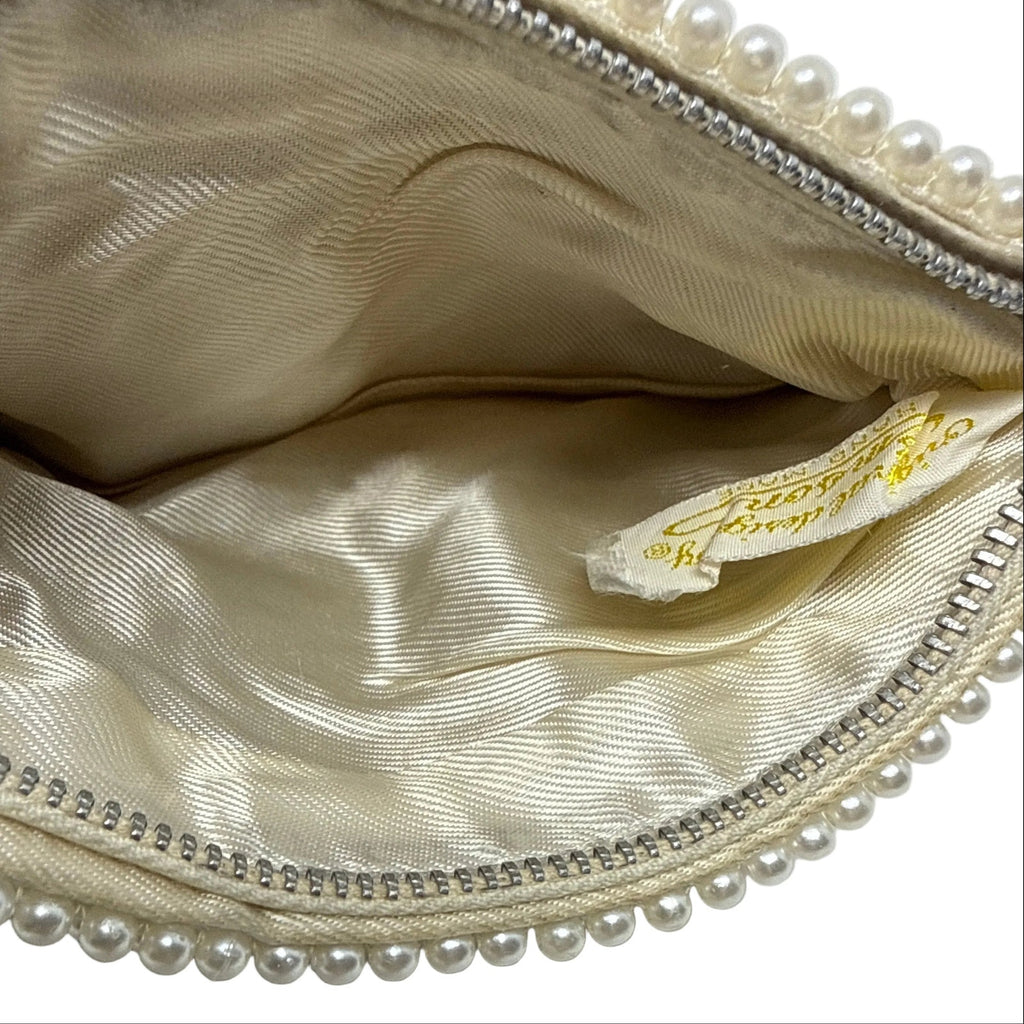 Vintage 70s Emson Beaded Clutch Purse Cream Silver Lined Zip Closure