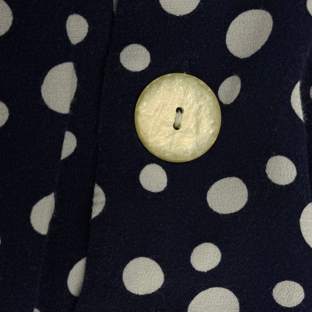 Vintage 80s Women's 14 Karin Stevens Polka Dot Rayon Dress Navy White Tie