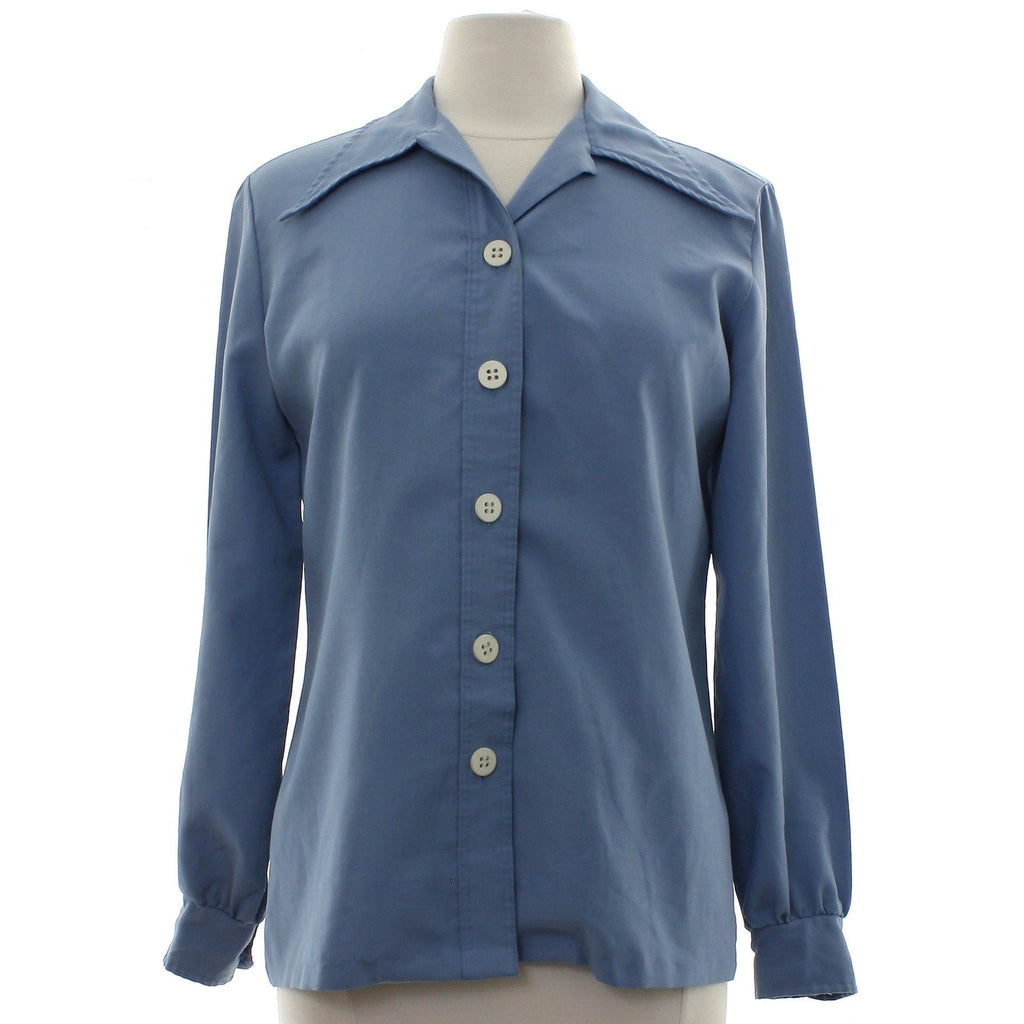 Vintage Style LeSoftShirt Blue Polyester Button Front Blouse Womens Medium