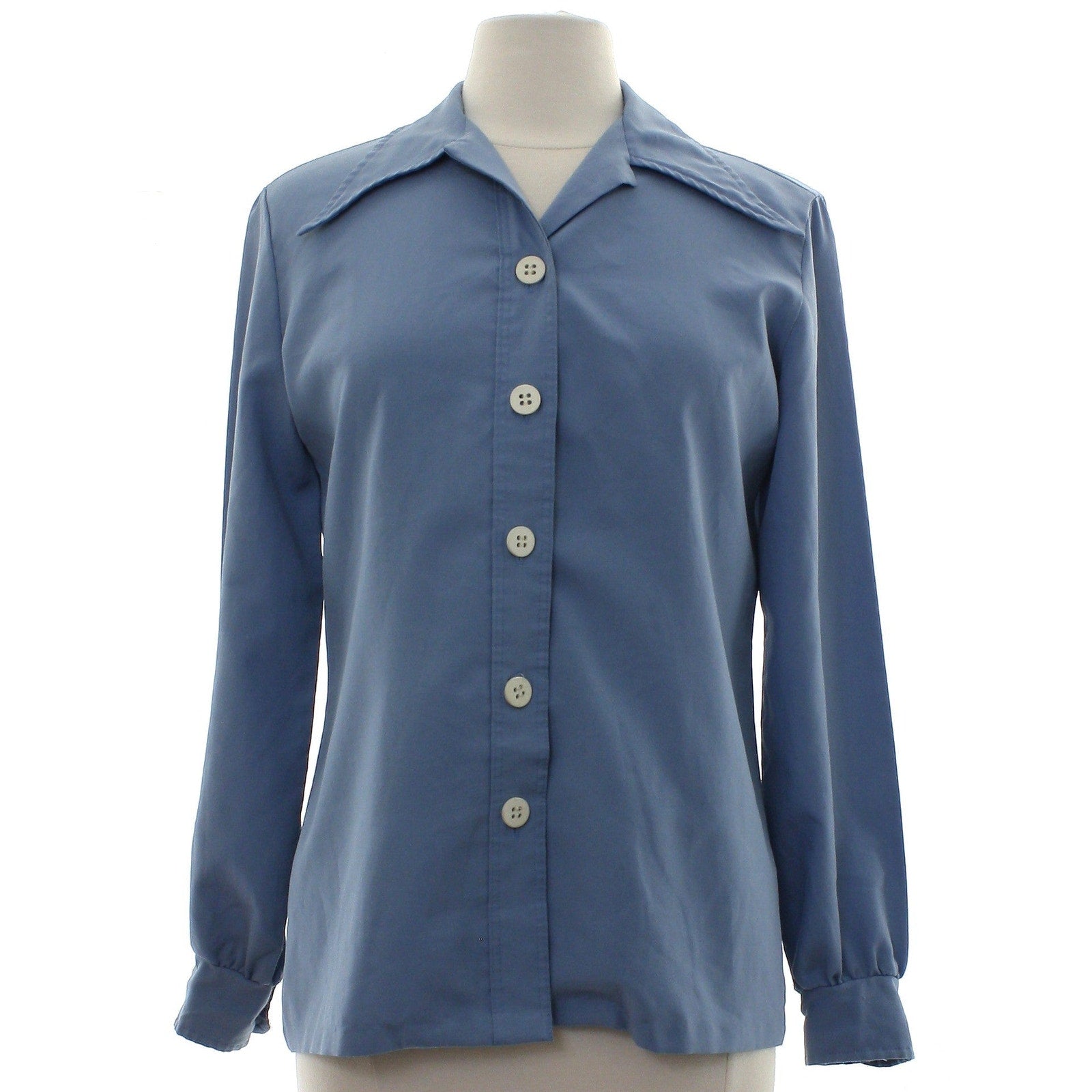 Vintage Style LeSoftShirt Blue Polyester Button Front Blouse Womens Medium