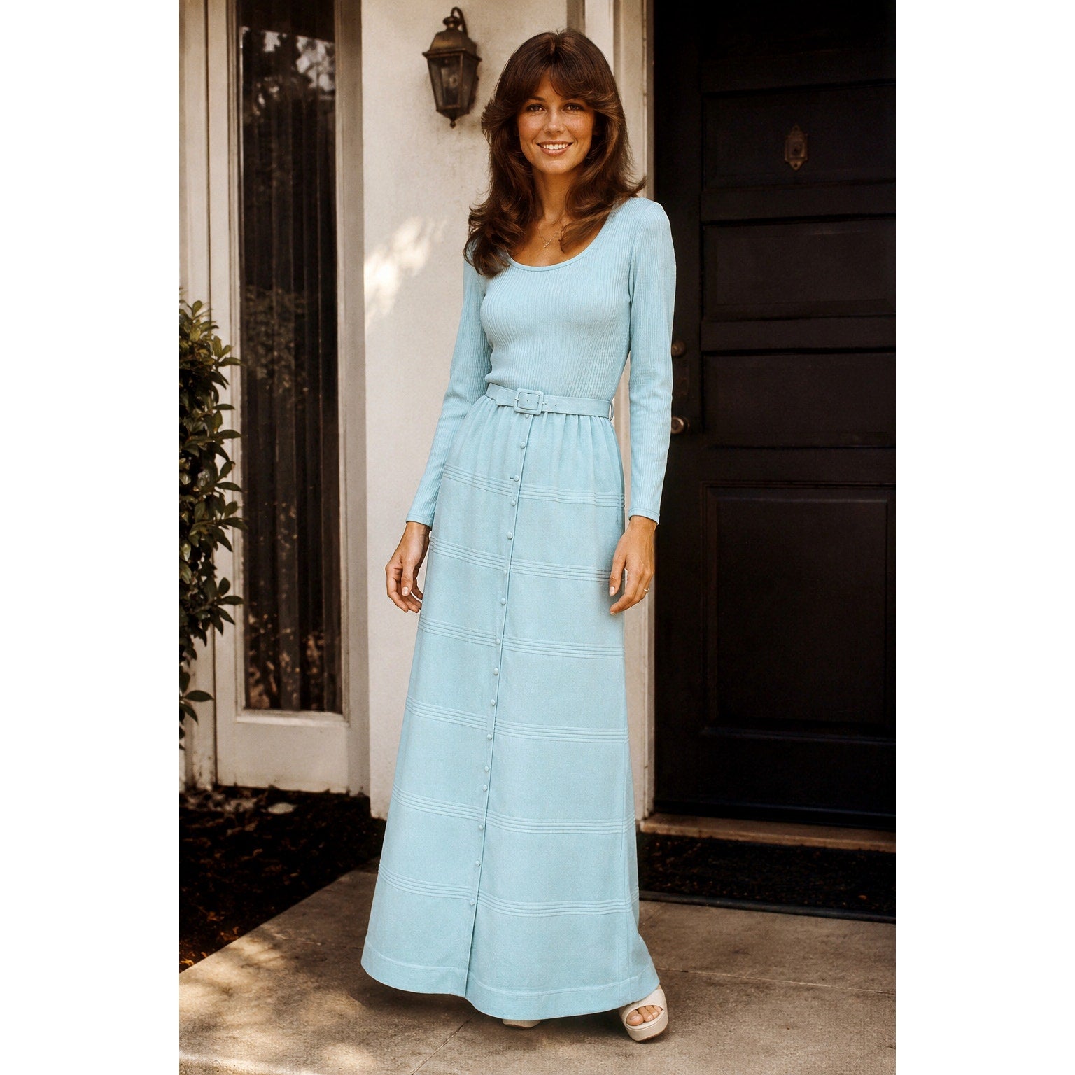 Vintage 70s Ayres Unlimited Aqua Maxi Dress Belted Ribbed Knit Long Sleeve