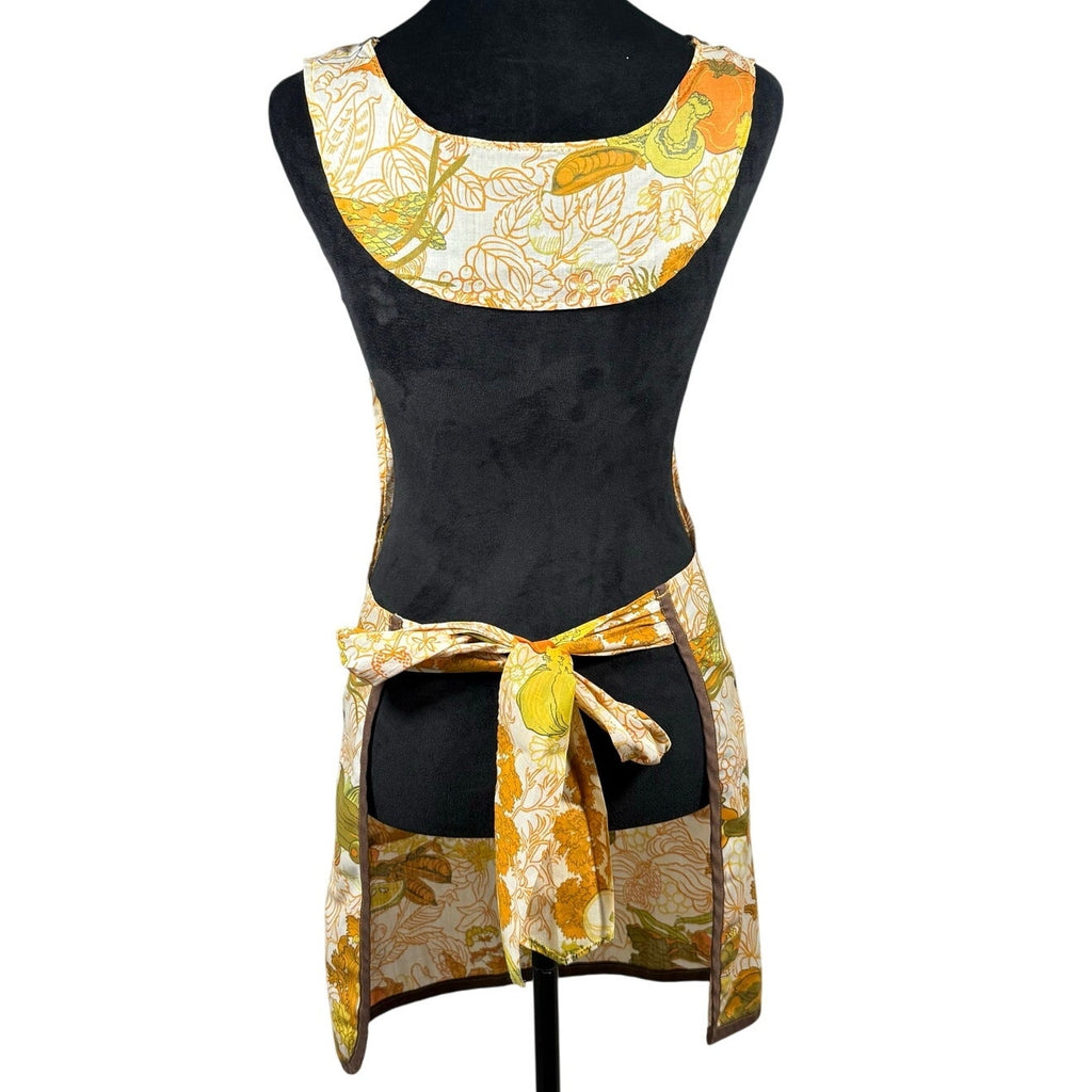 Vintage 1970s Harvest Vegetable Print Bib Apron Gold Green Orange Retro Kitchen