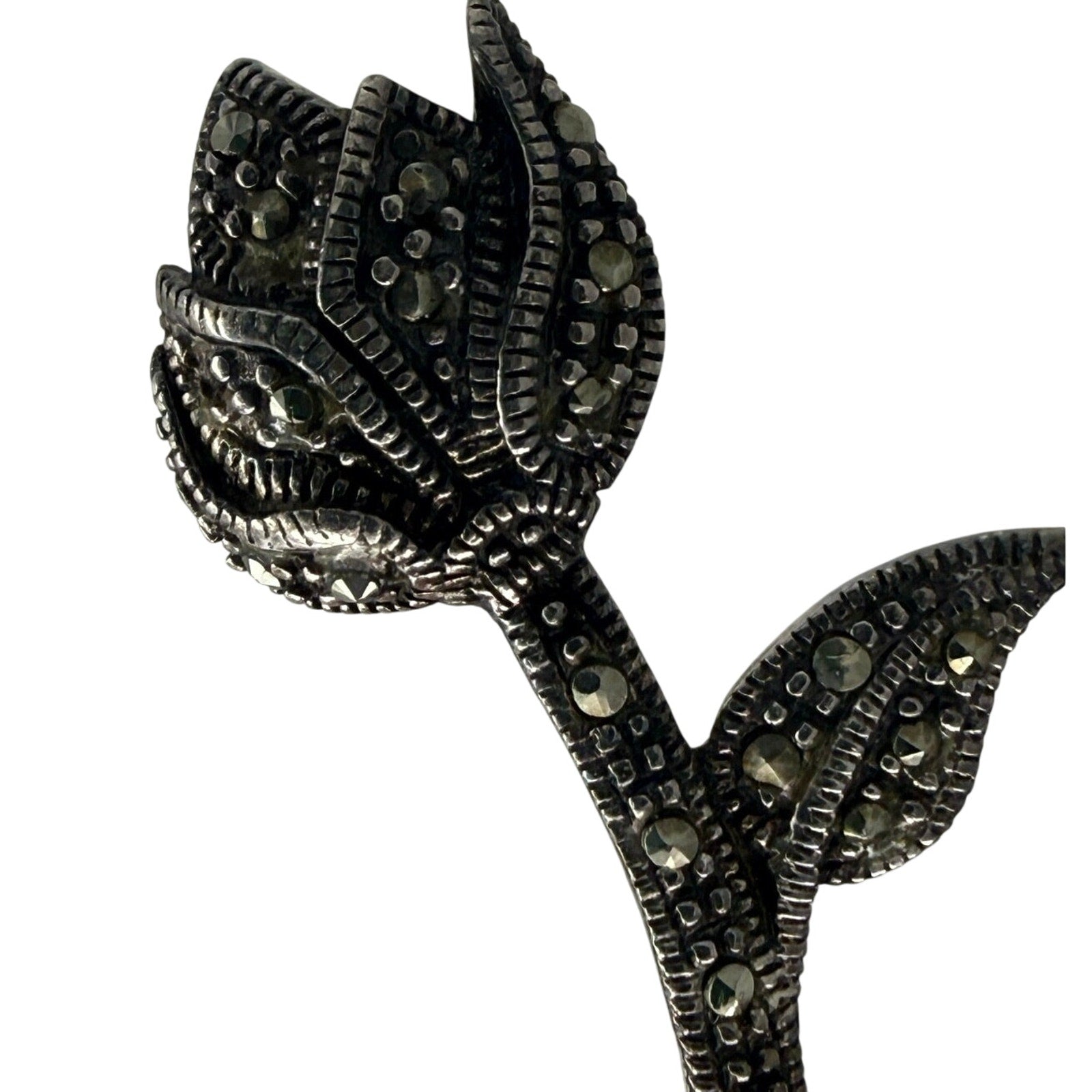 Vintage 80s 925 Sterling Silver Marcasite Rose Flower Brooch Pin