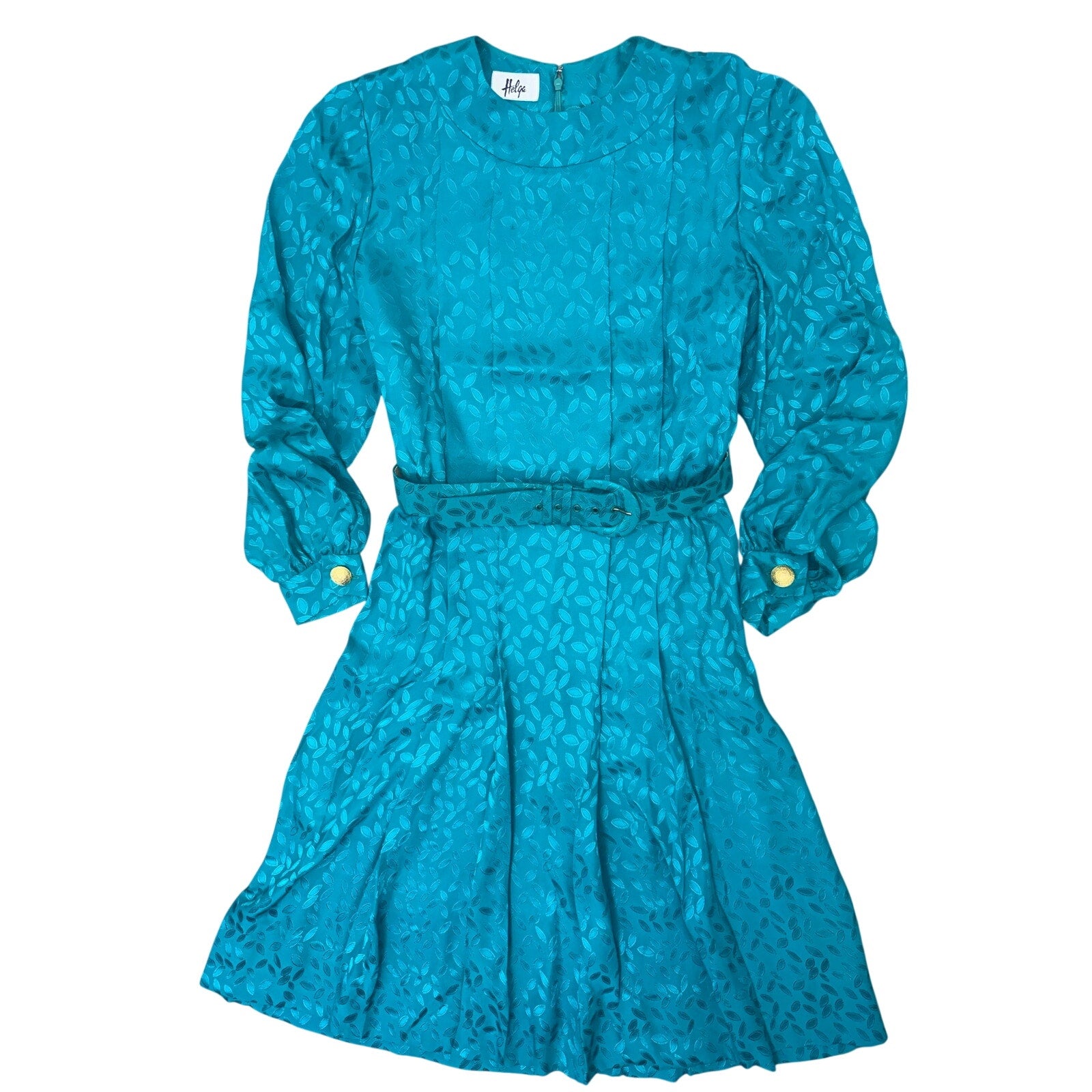 Vintage 70s Helga Turquoise Embossed Leaf Belted Midi Dress Women's Medium