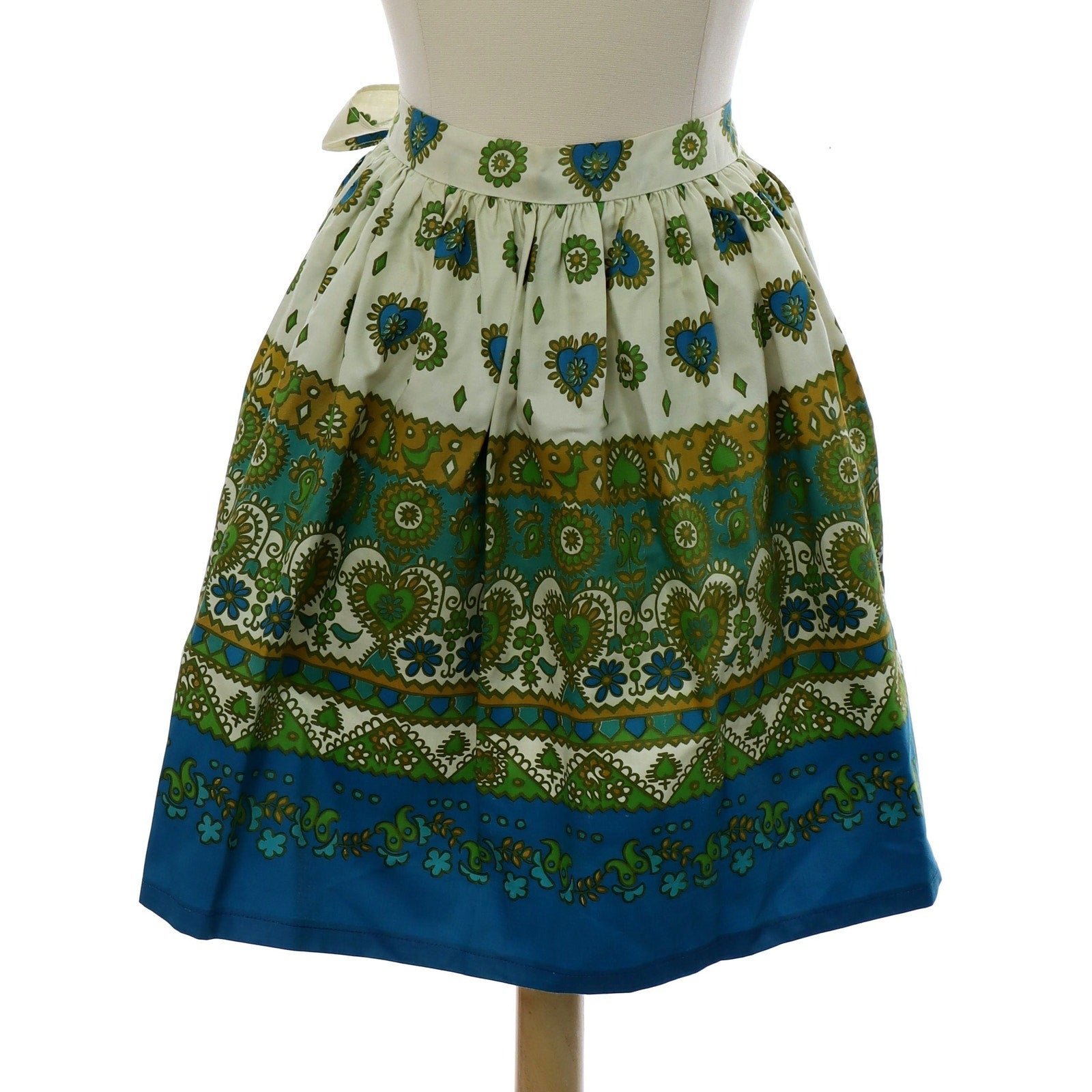 Vintage 60s Handmade Cotton Half Apron Love Birds Hearts Blue Green