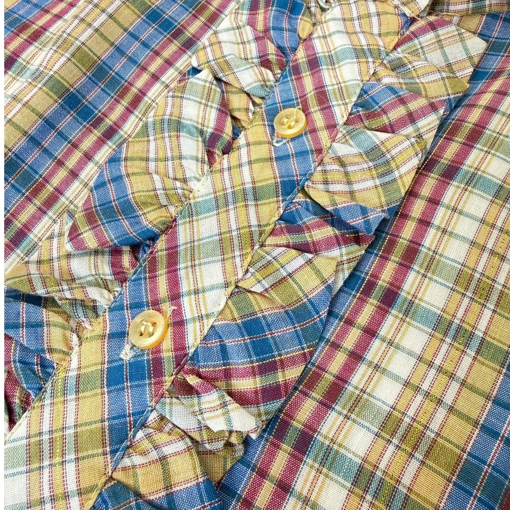 Vintage 70s Plaid Ruffle Blouse Gold Lurex Prairie Shirt Women's XS