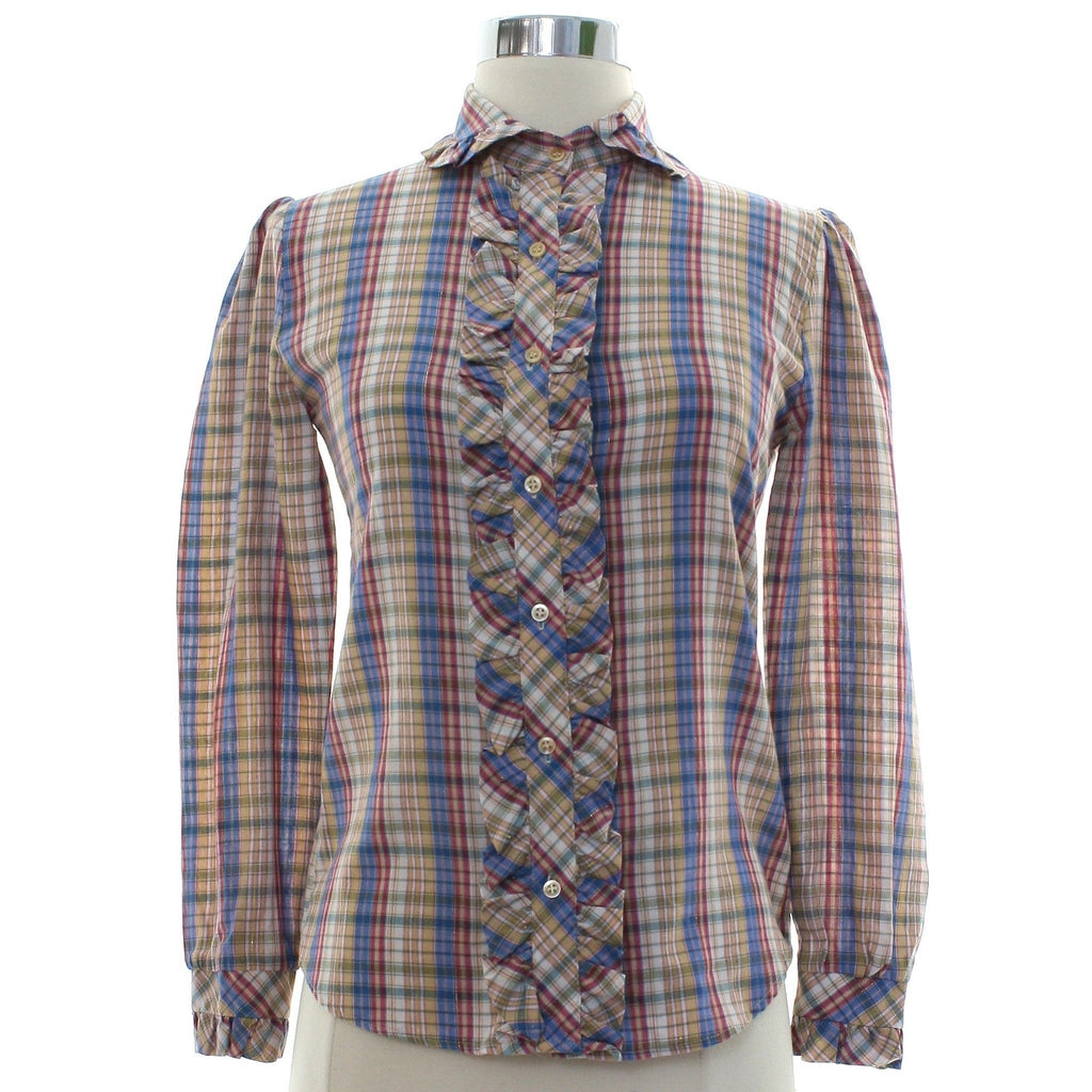 Vintage 70s Plaid Ruffle Blouse Gold Lurex Prairie Shirt Women's XS