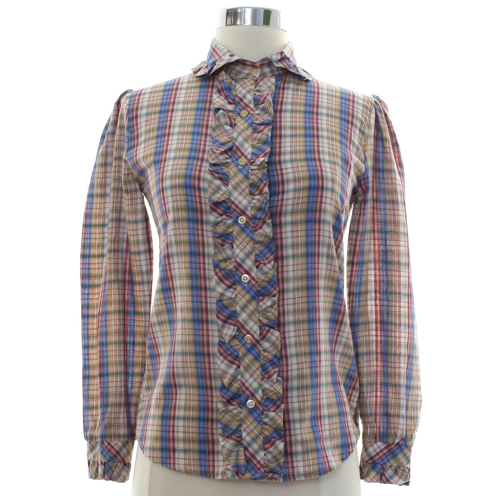 Vintage 70s Plaid Ruffle Blouse Gold Lurex Prairie Shirt Women's XS