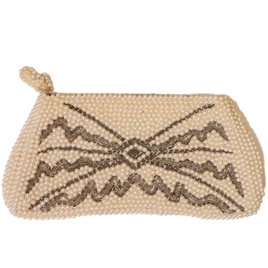 Vintage 70s Emson Beaded Clutch Purse Cream Silver Lined Zip Closure