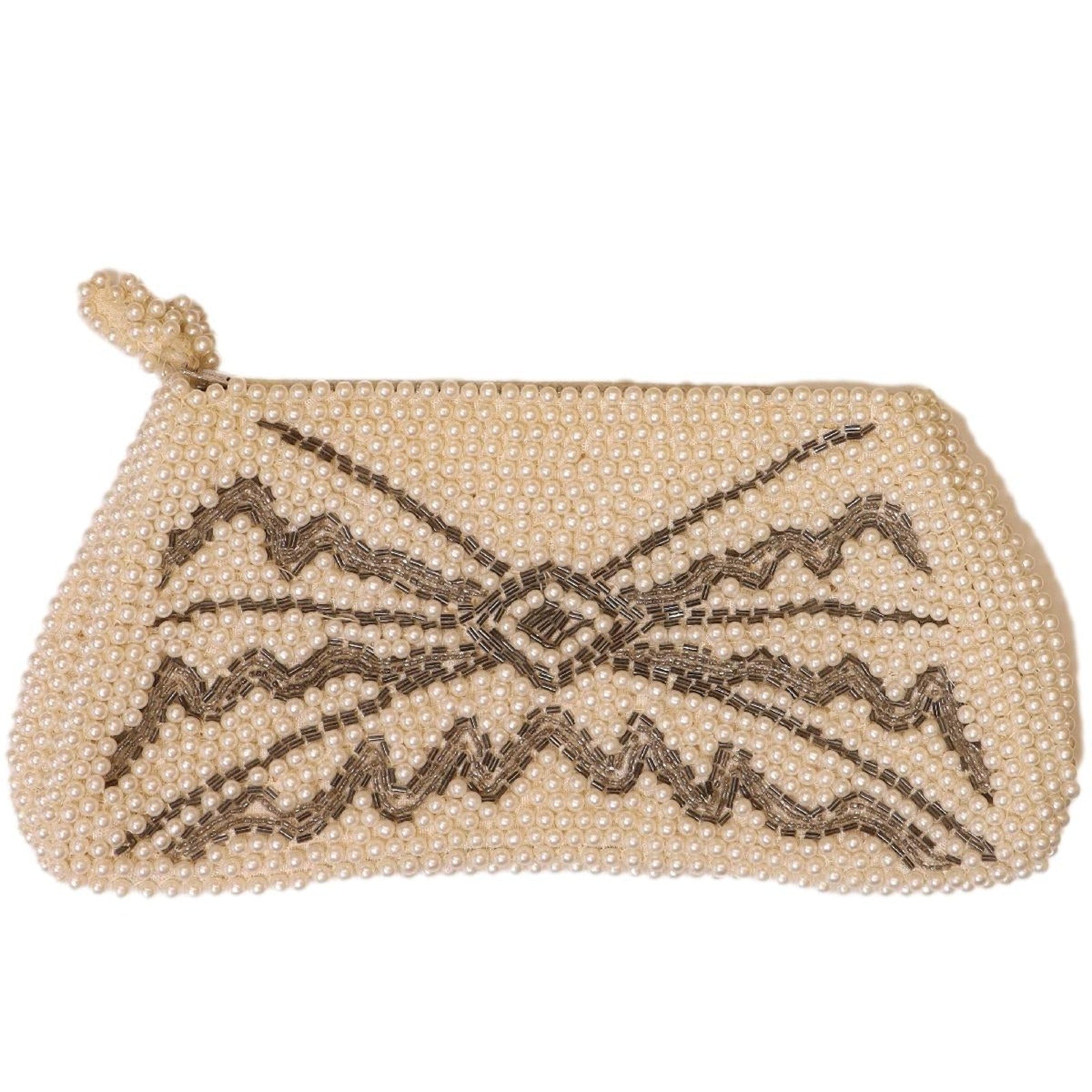 Vintage 70s Emson Beaded Clutch Purse Cream Silver Lined Zip Closure