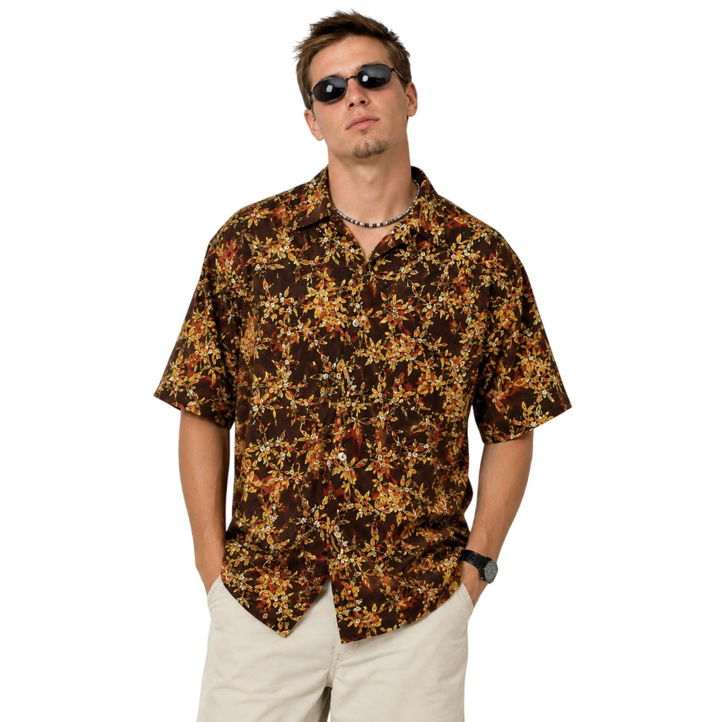 Vintage 90s No Fear Hawaiian Shirt Mens XL Brown Floral Nylon Camp Shirt