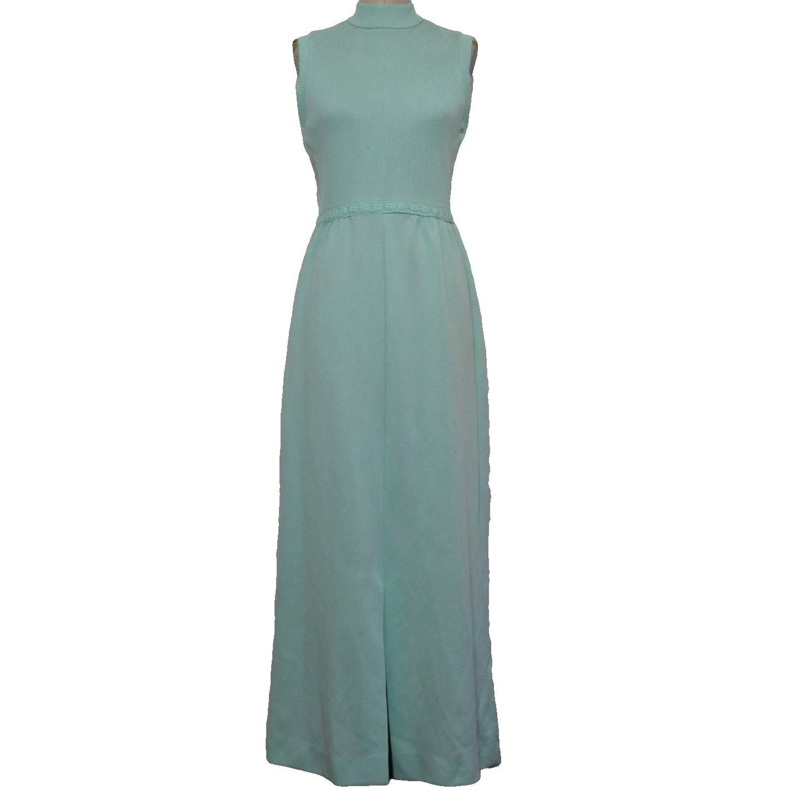 Vintage 70s Women's Small Maxi Dress Alison Ayers Mint Sleeveless Rib Knit Lace