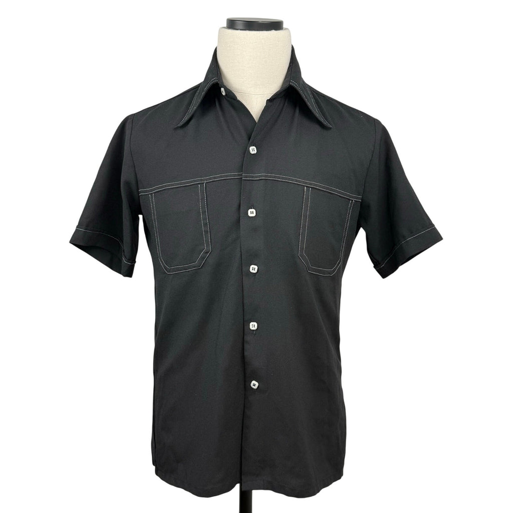 Vintage 1970s Black Polyester Contrast Stitch Leisure Shirt Mens Small
