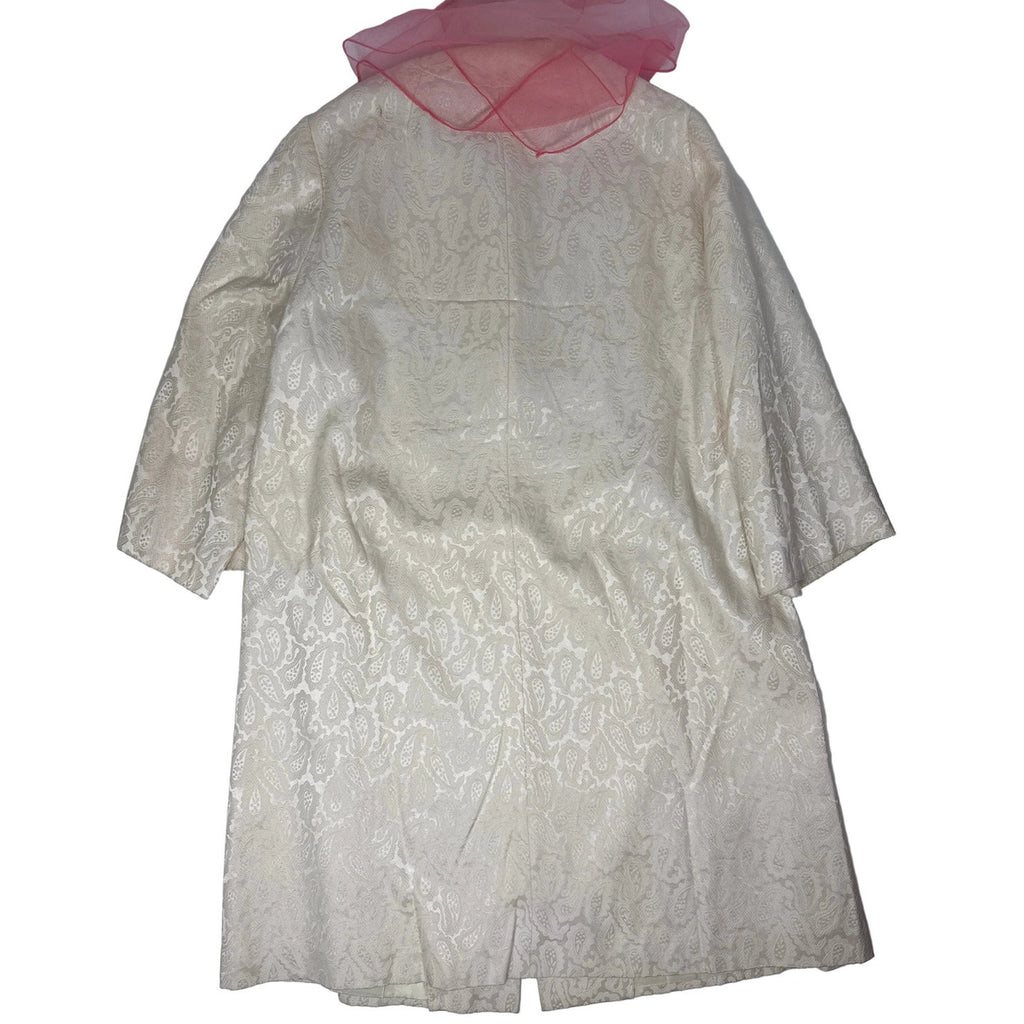 Vintage 60s Women’s XL Cream Flocked Paisley Coat Rayon A-Line Chiffon Scarf Trim