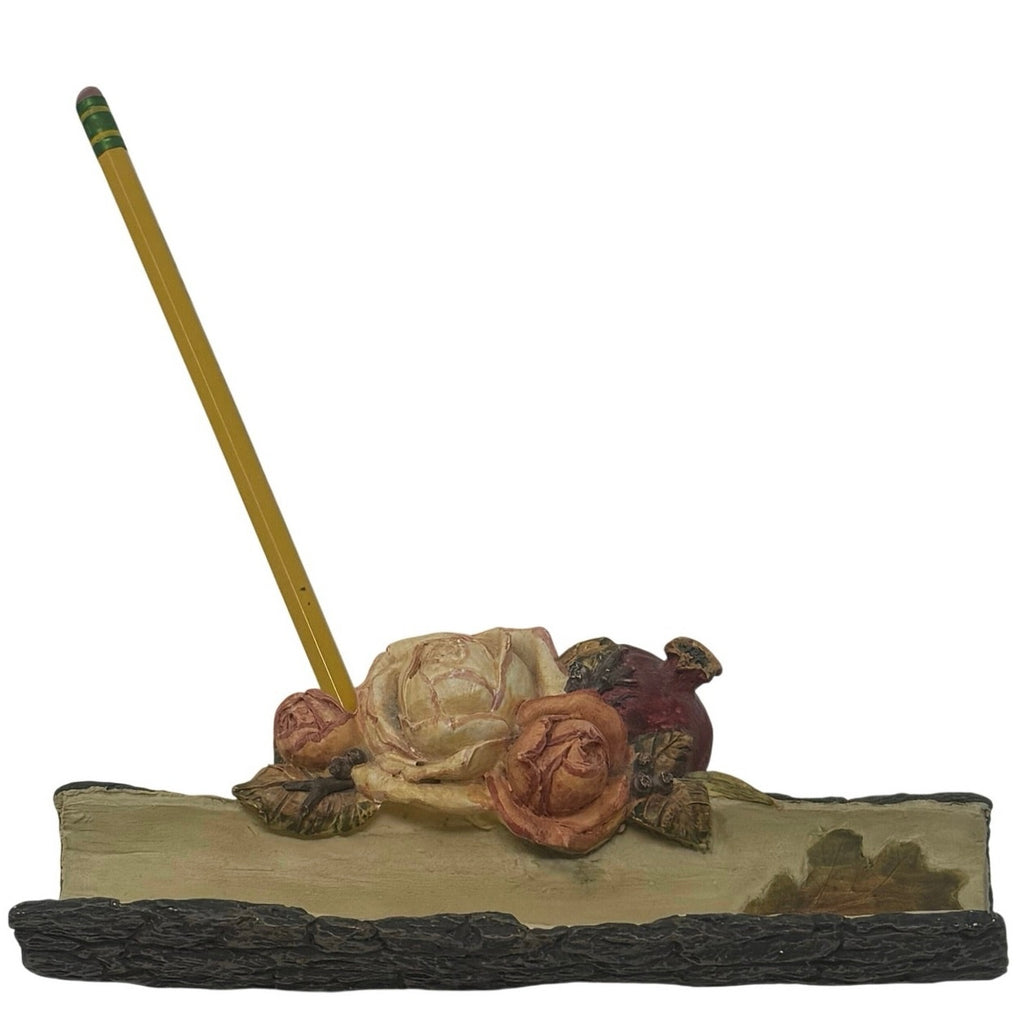 Vintage 90s Office Desk Pen Holder Resin Rustic Rose Floral Wood 8x4