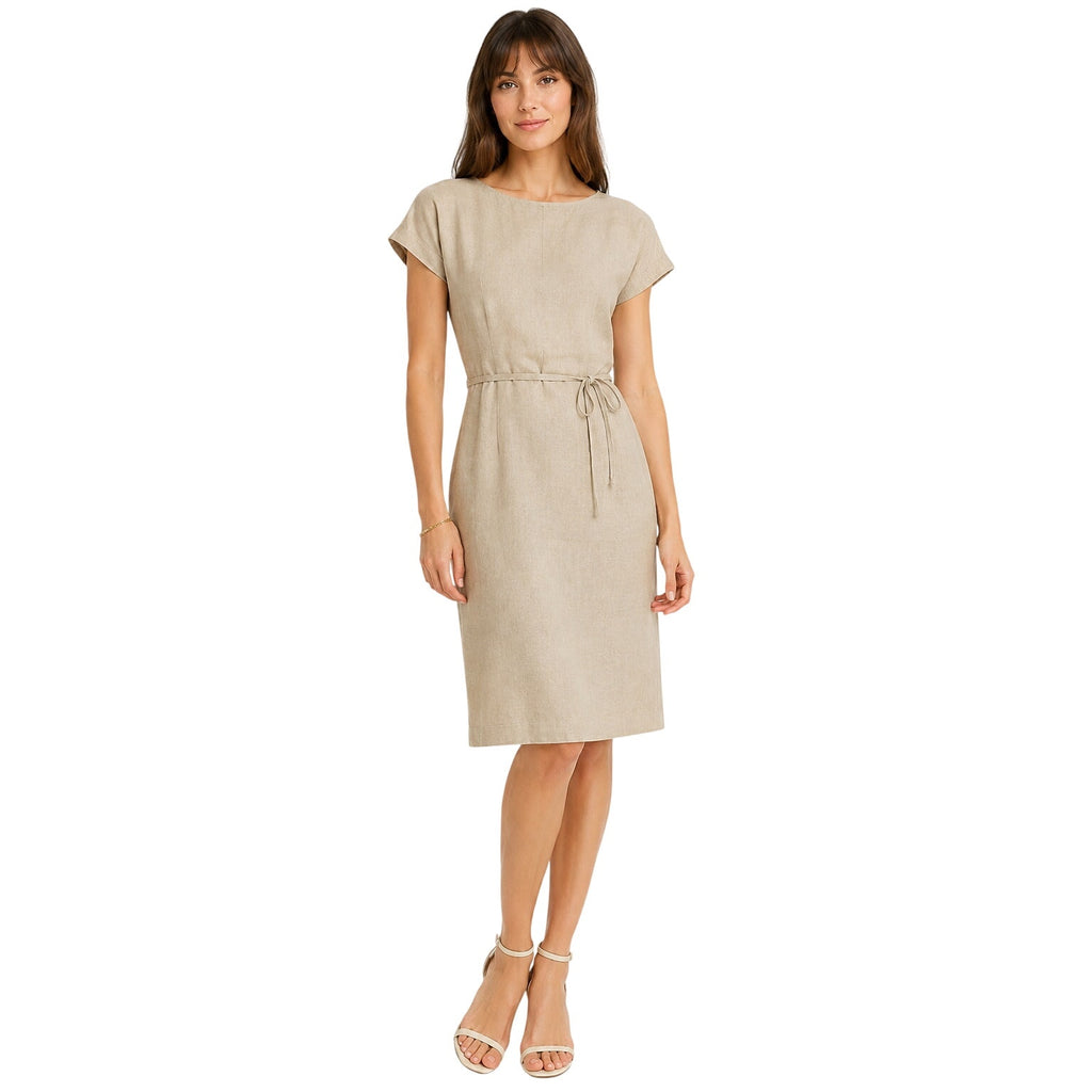 Vintage 1960s Odette Linen Blend Sheath Dress Beige Belted Women's XS