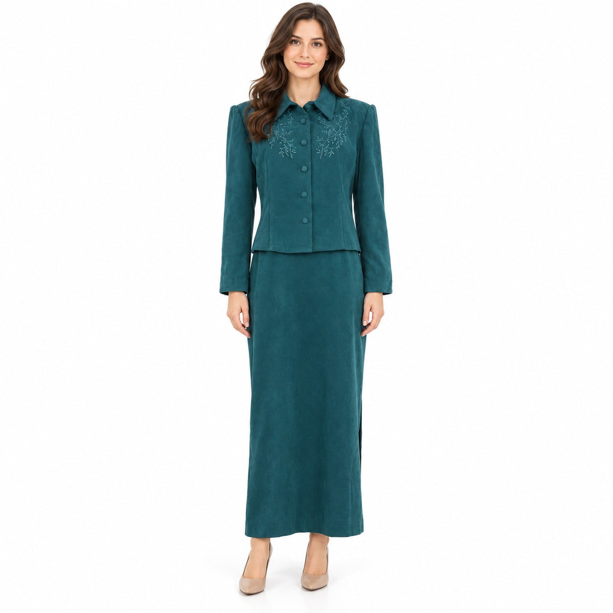 Vintage 90s Karin Stevens Teal Faux Suede Dress Jacket Set Size 14 Women's Large