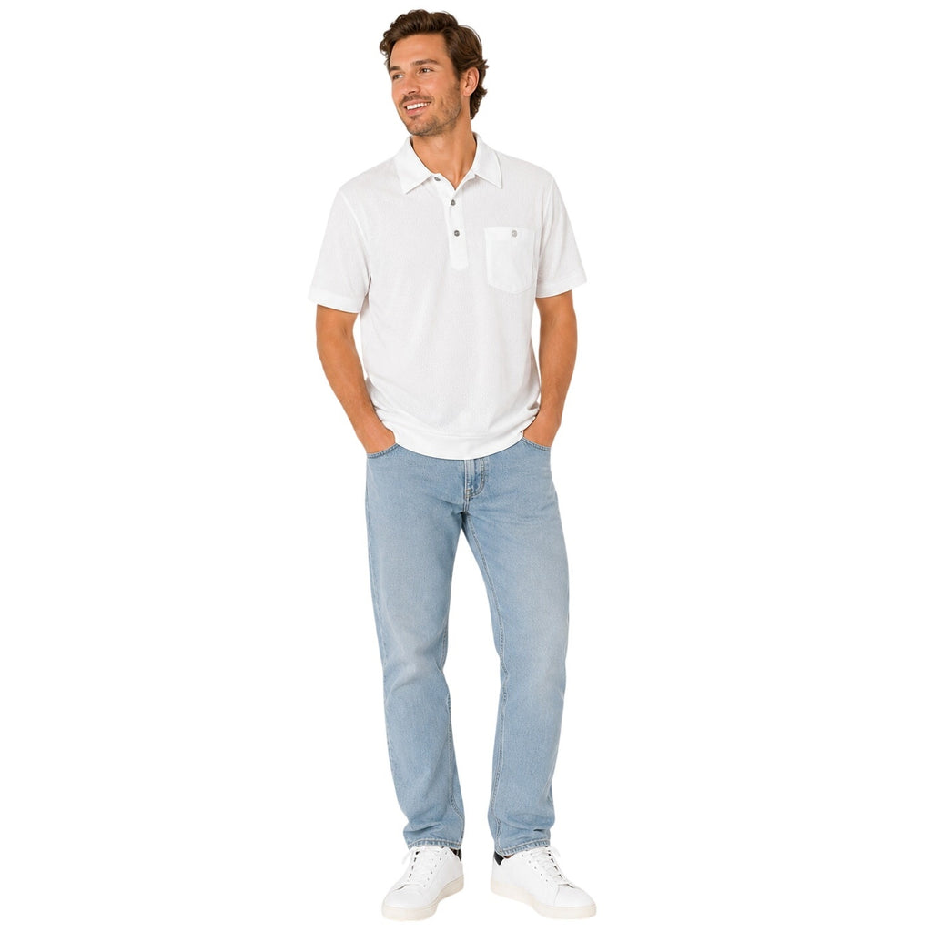 Vintage 80s Haband Mens White Mesh Polo Shirt Banded Hem Chest Pocket