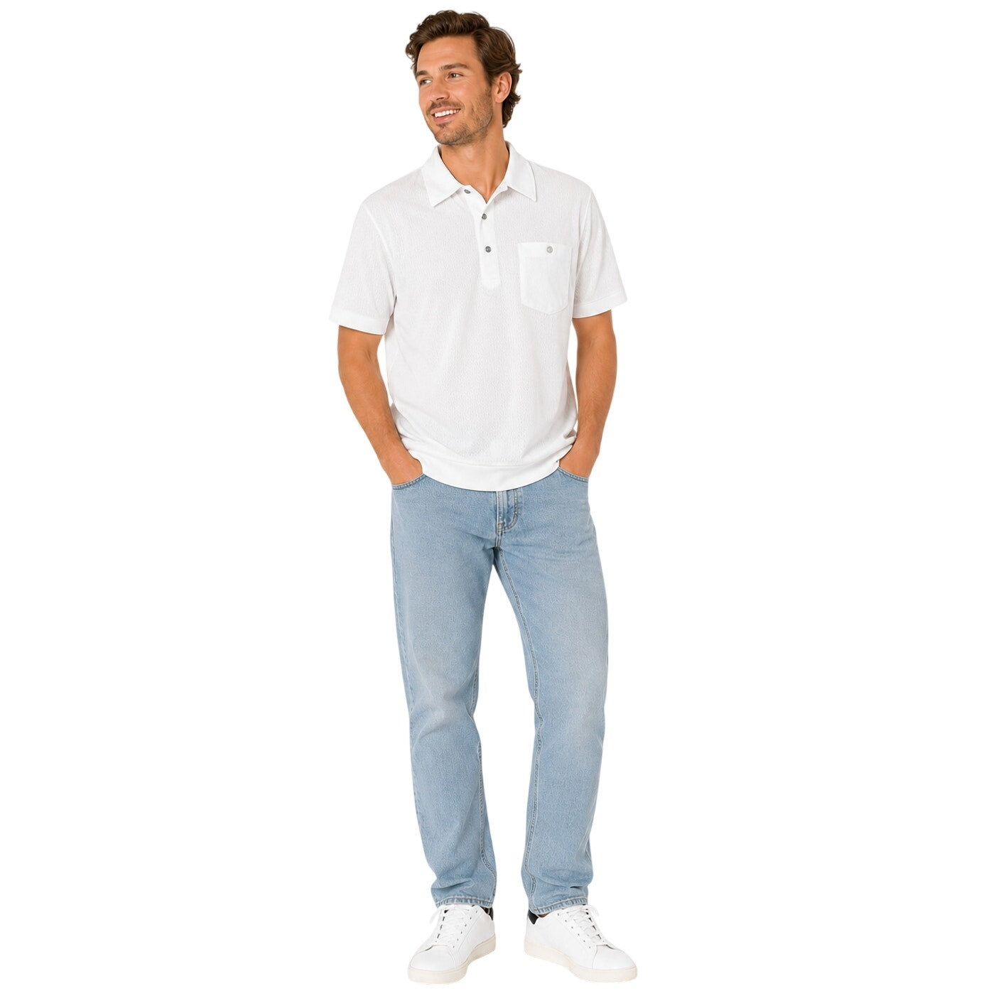 Vintage 80s Haband Mens White Mesh Polo Shirt Banded Hem Chest Pocket