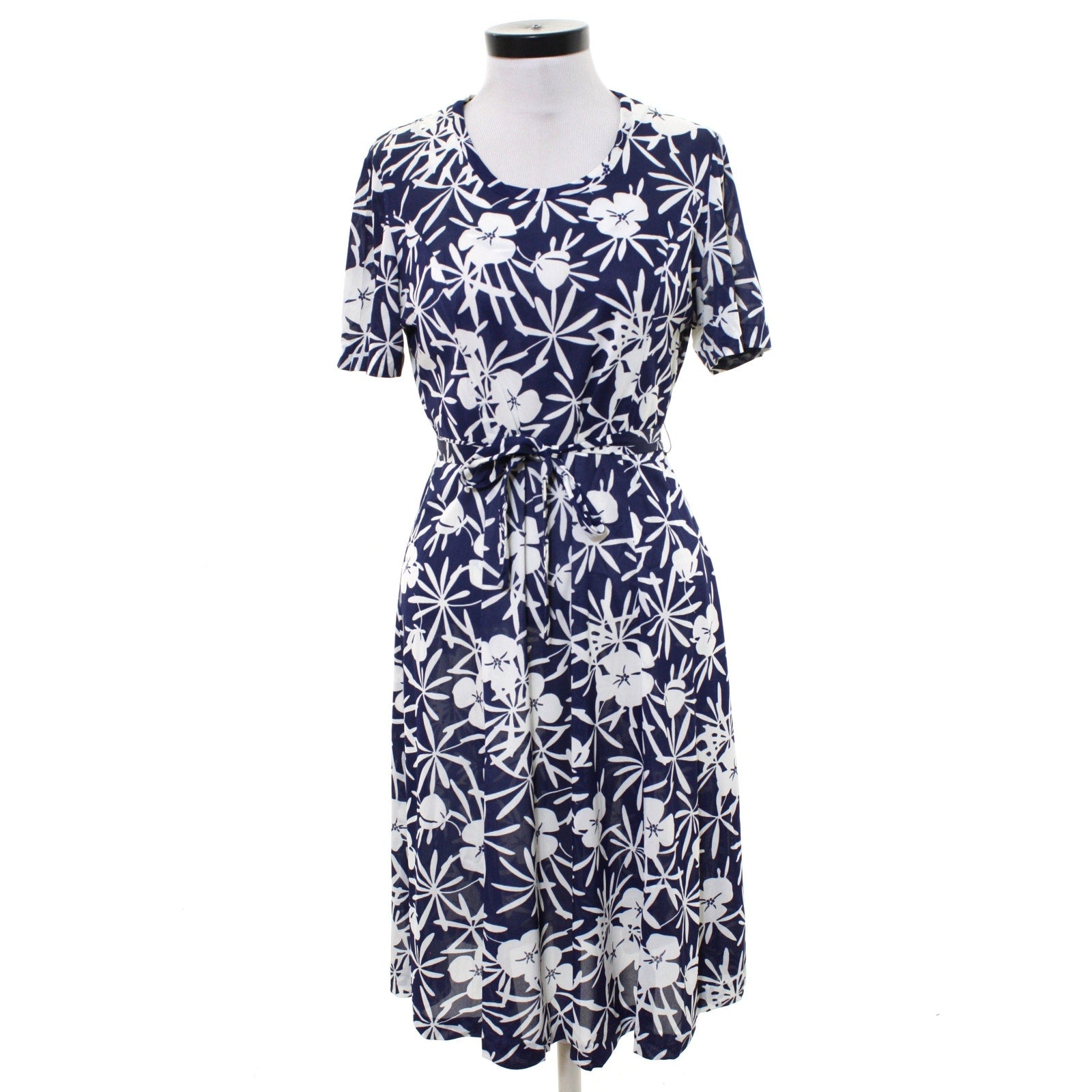 Vintage 70s Casualmaker Navy White Floral Knit Belted Dress Modern M/L