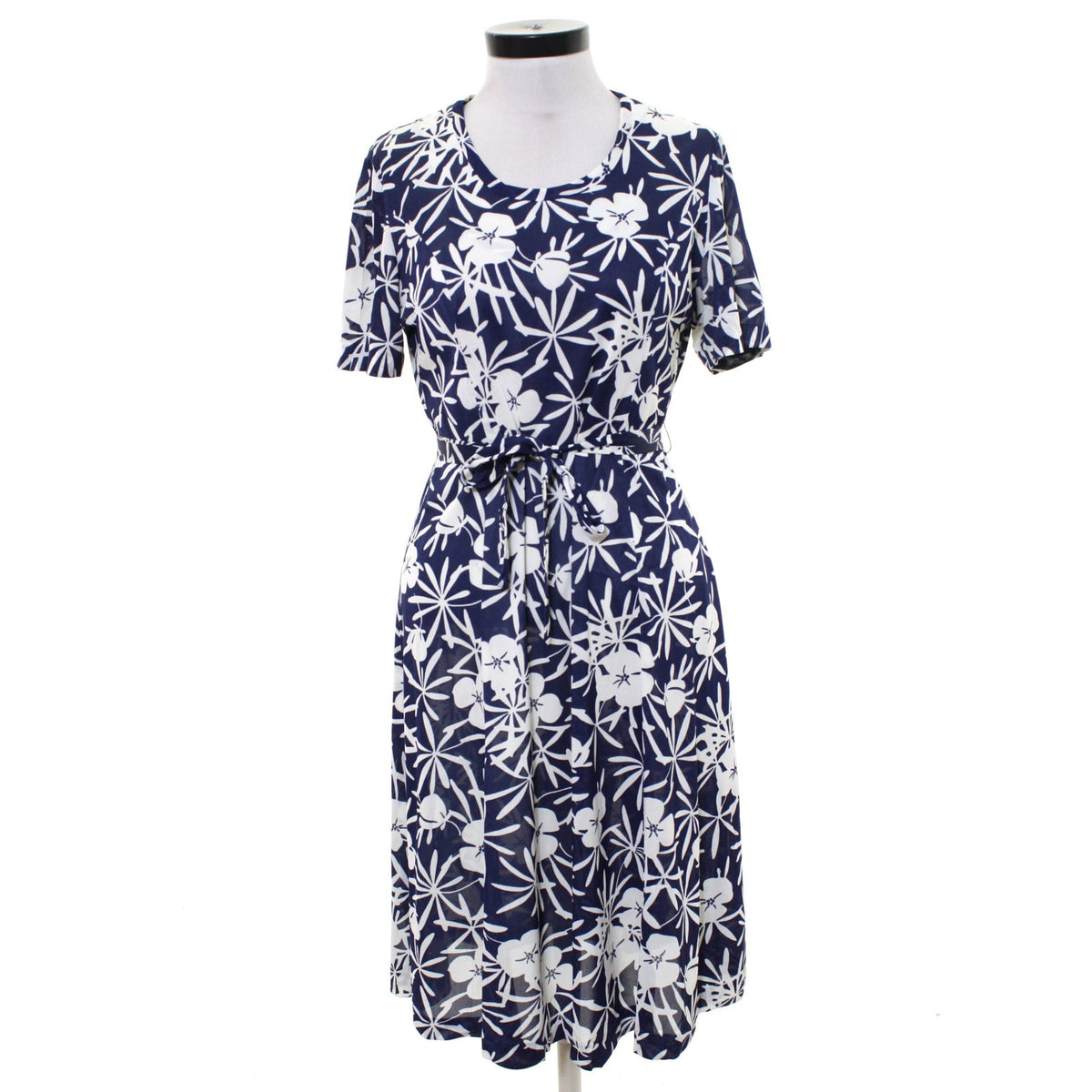 Vintage 70s Casualmaker Navy White Floral Knit Belted Dress Modern M/L