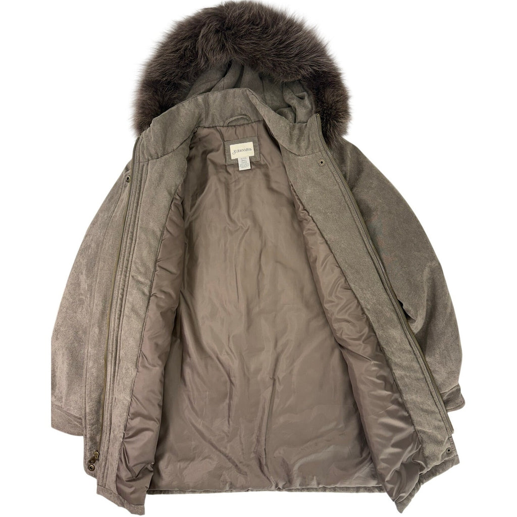 St John's Bay Faux Suede Hooded Jacket Fur Trim Women's Small Taupe Brown