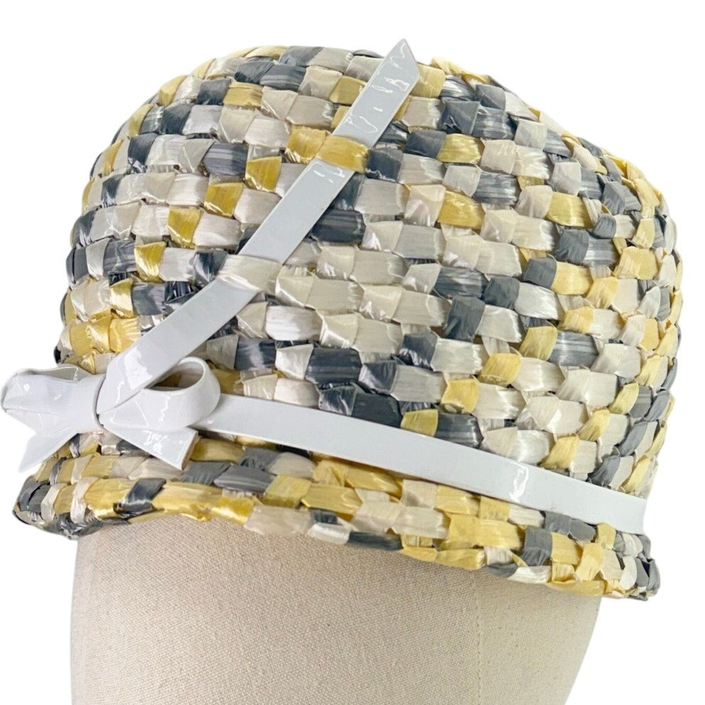 Vintage 1960s Mr John Classic Raffia Bucket Hat Yellow Gray White 7.5