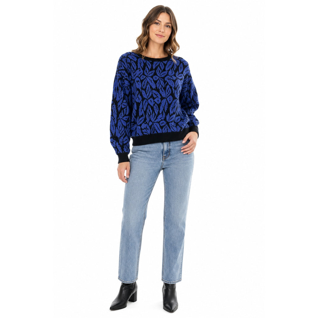 Vintage 80s Bernie-Jo Women's Large Purple Black Leaf Print Knit Sweater