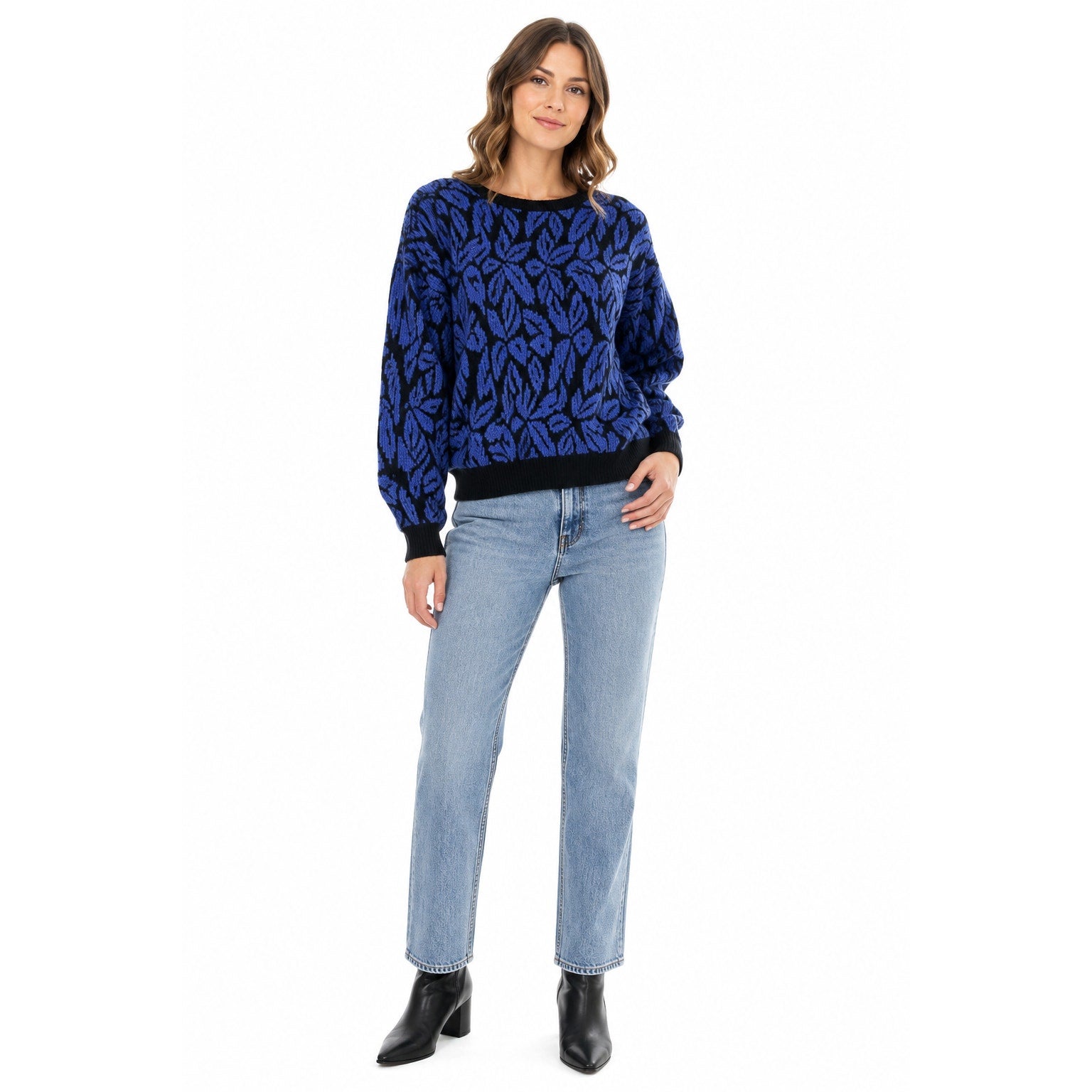 Vintage 80s Bernie-Jo Women's Large Purple Black Leaf Print Knit Sweater